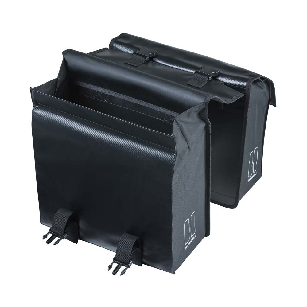 Dwie czarne sakwy rowerowe.