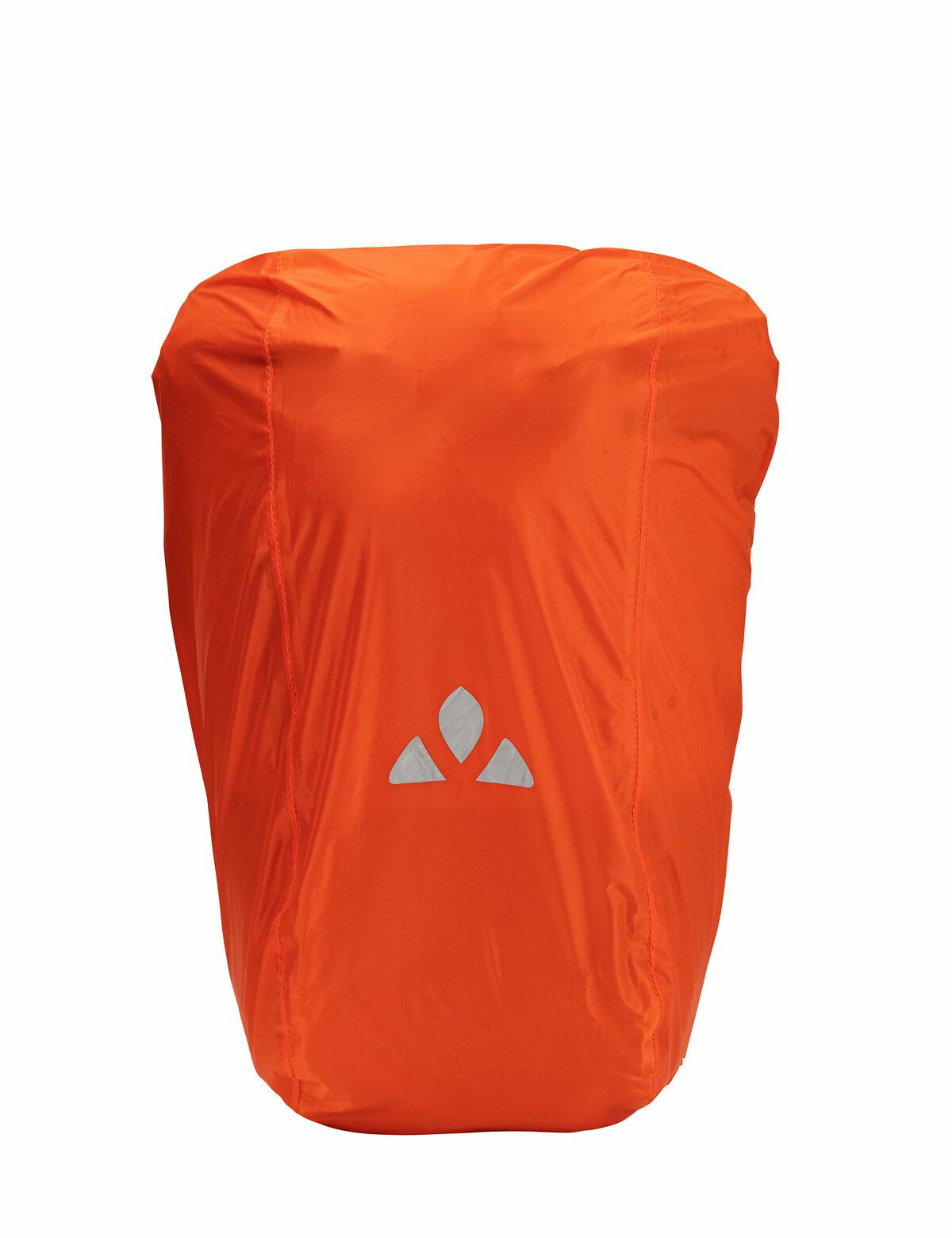Pomarańczowa osłona plecaka z odblaskowym logo trójkąta, na białym tle.