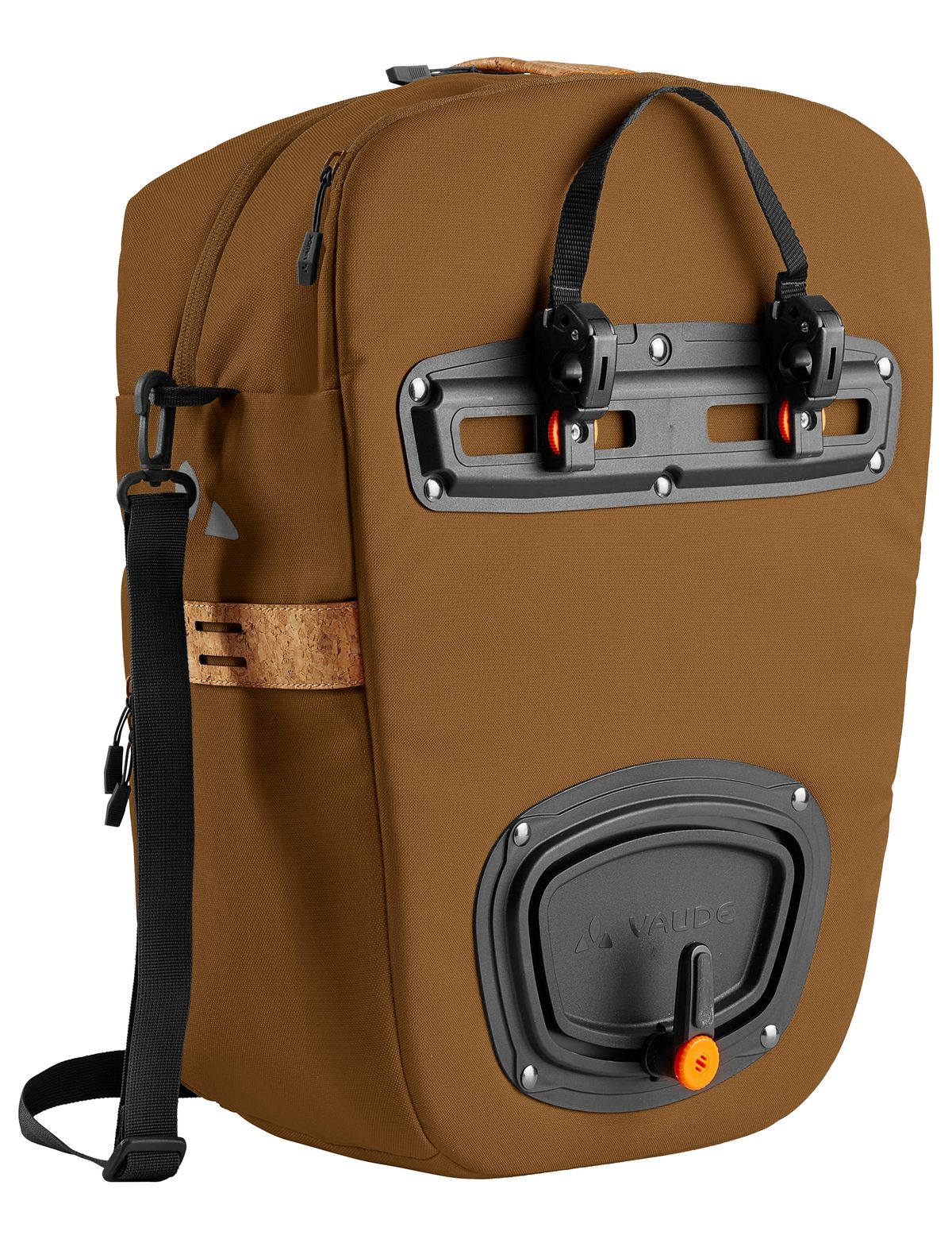 Braune Fahrradtasche mit schwarzen Riemen und Vaude-Logo.