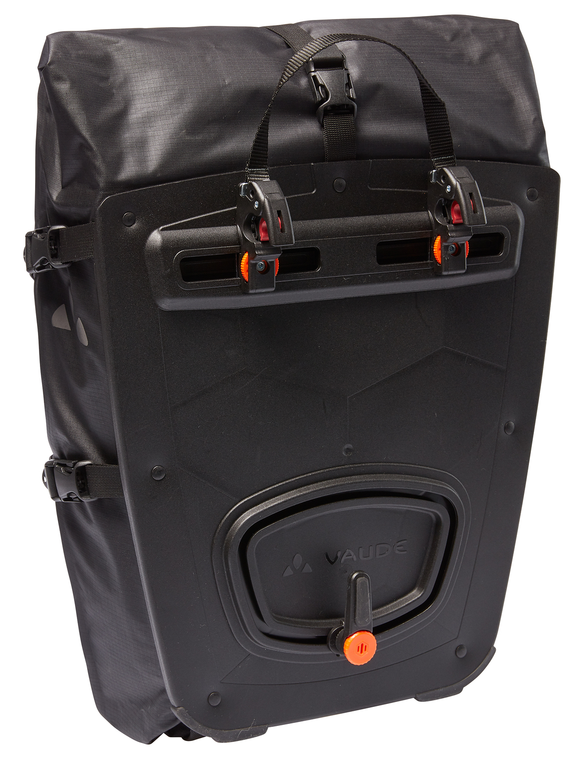 Czarna torba na rower z odblaskami, klamrami i logo Vaude.