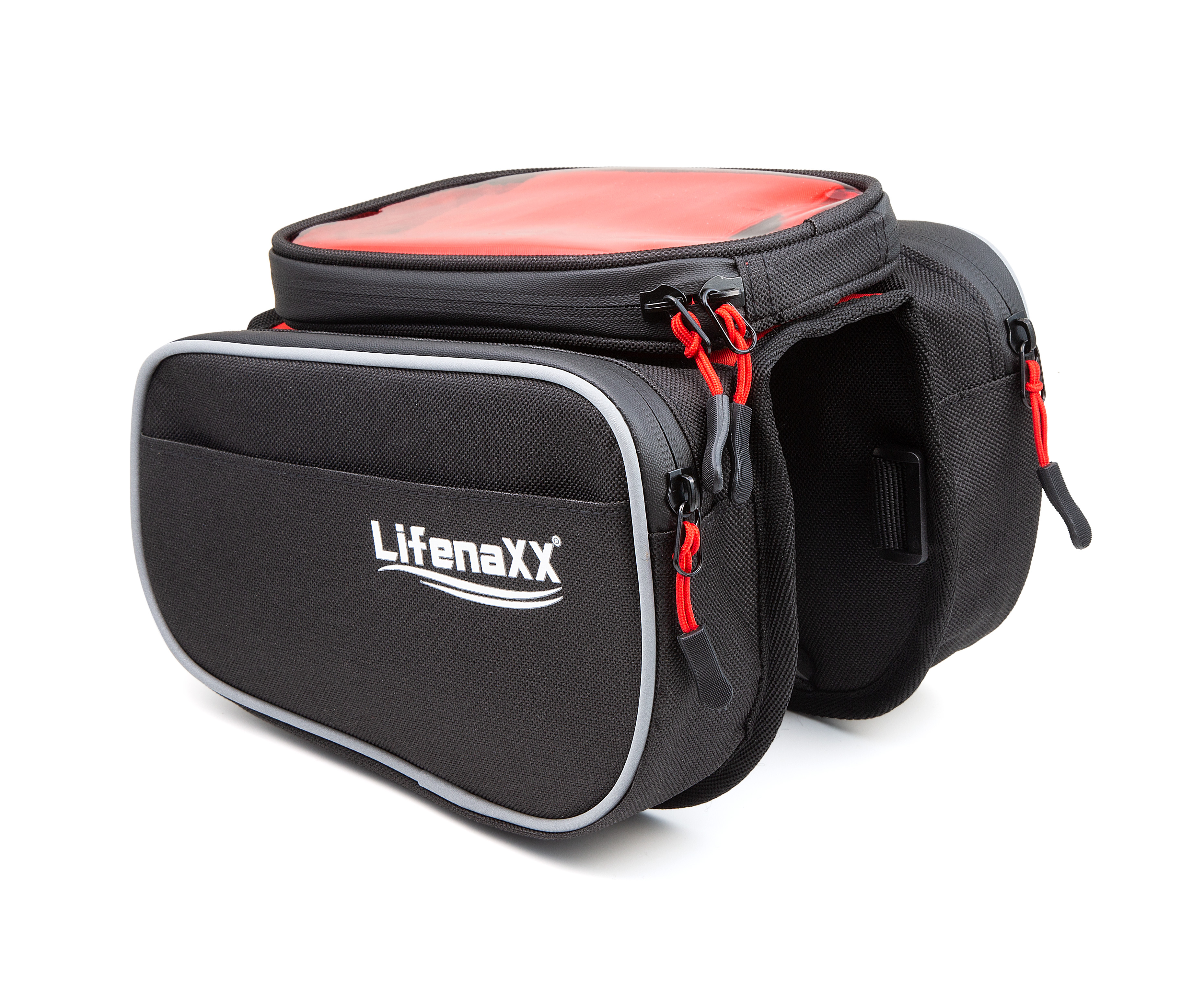 Czarne torby rowerowe z czerwonymi zamkami i odblaskowymi wykończeniami na białym tle.