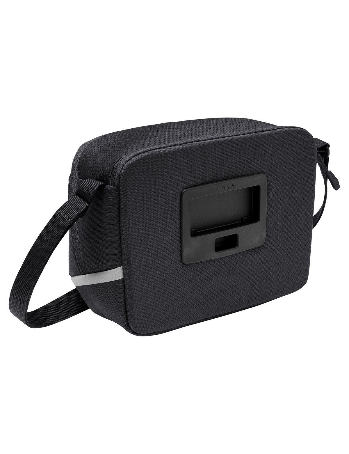 Czarna torba z zamkami błyskawicznymi i mocowaniem Klickfix.