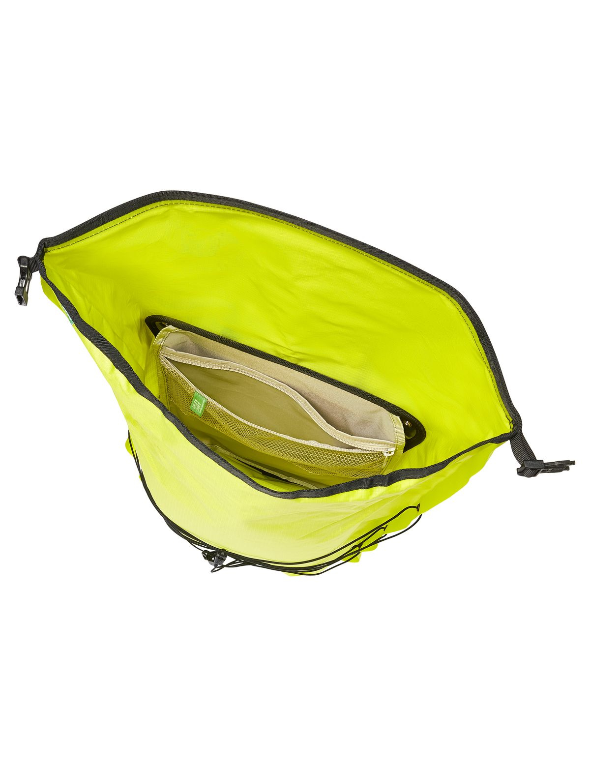 Otwarty neonowo-żółty plecak z siatkową kieszenią, widok z góry.