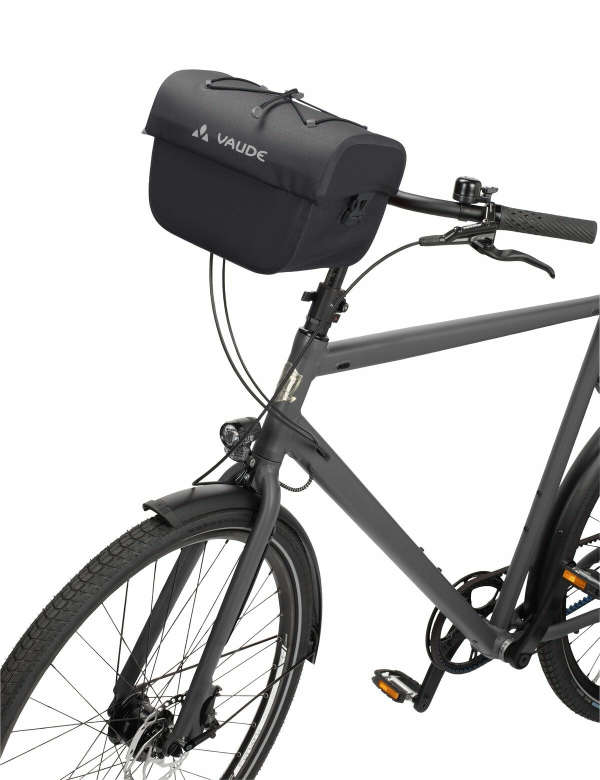 Czarna torba na kierownicę Vaude na szarym rowerze.