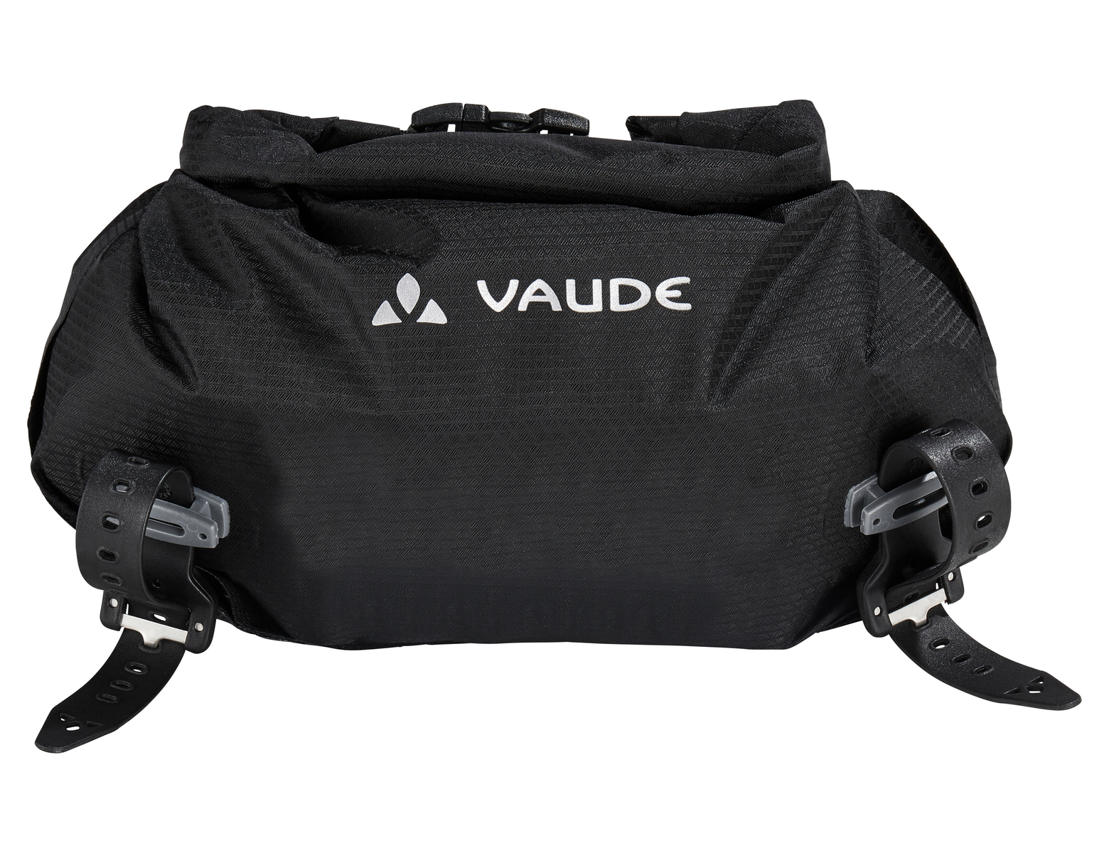 Schwarze Vaude-Lenkertasche mit Schnallen und Riemen, auf weißem Hintergrund.