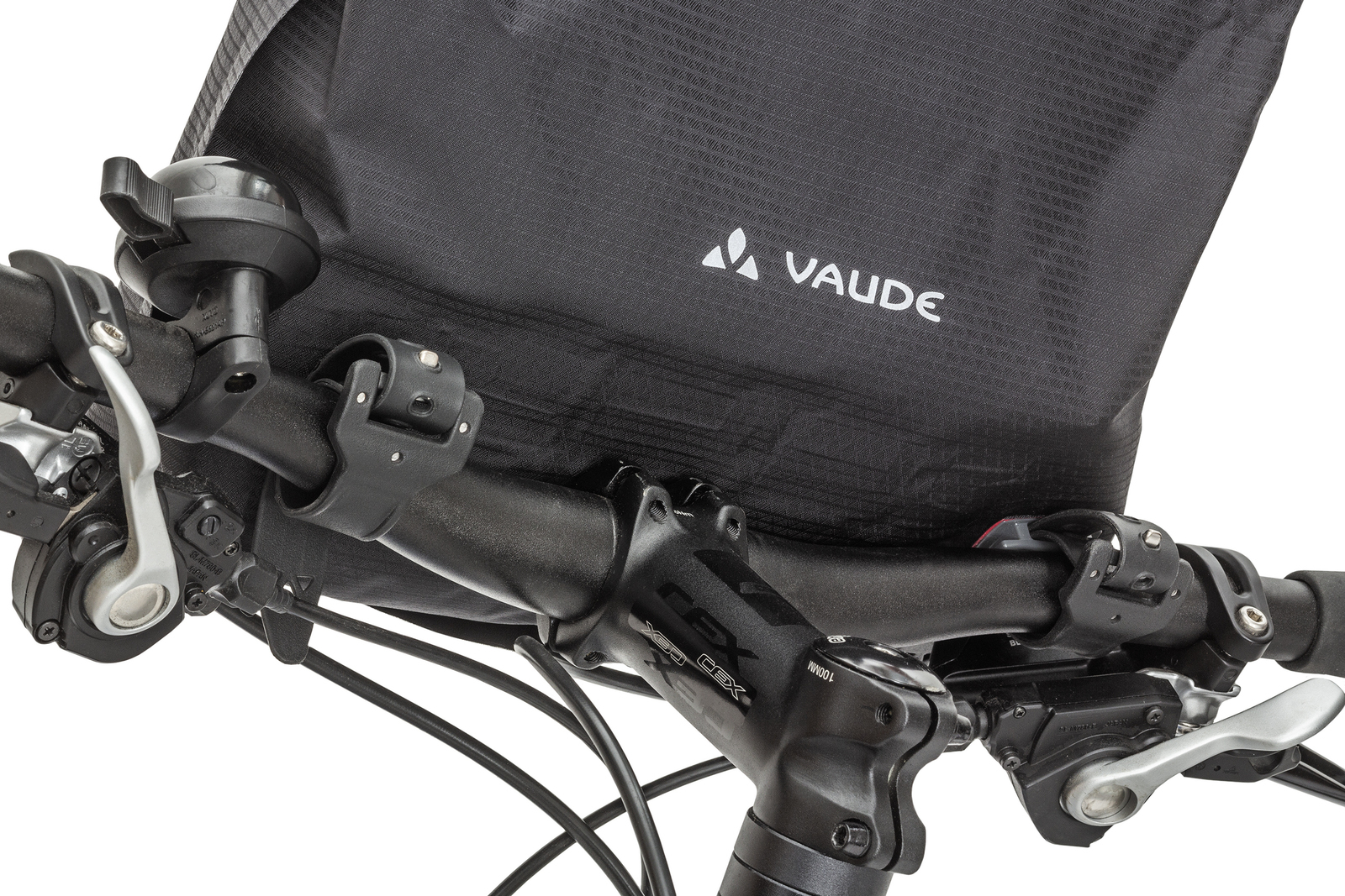 Fahrradlenker mit einer Vaude-Tasche. Klingel, Bremshebel und Gangschaltung sind sichtbar.