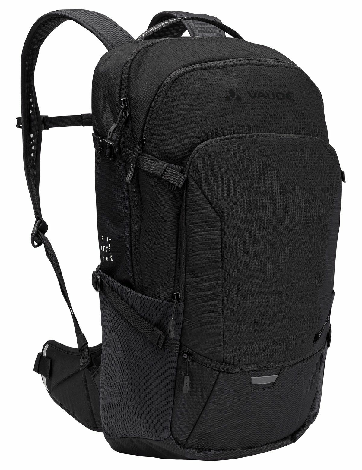 Schwarzer Vaude-Rucksack mit mehreren Fächern, Riemen und Vaude-Logo.