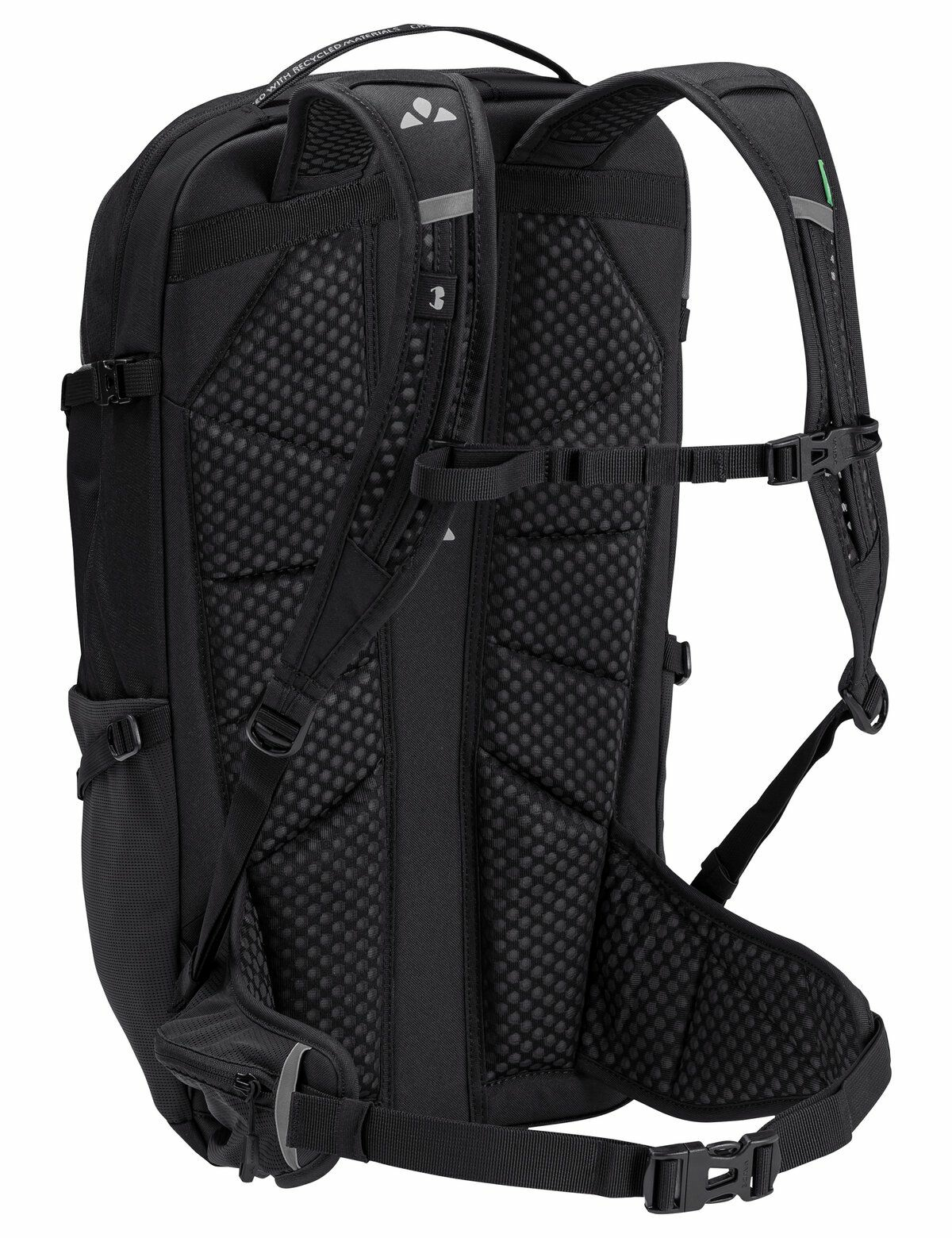 Schwarzer Rucksack mit Rückenstütze, Riemen und Vaude-Logo. Schwarz und grau. Weißer Hintergrund.