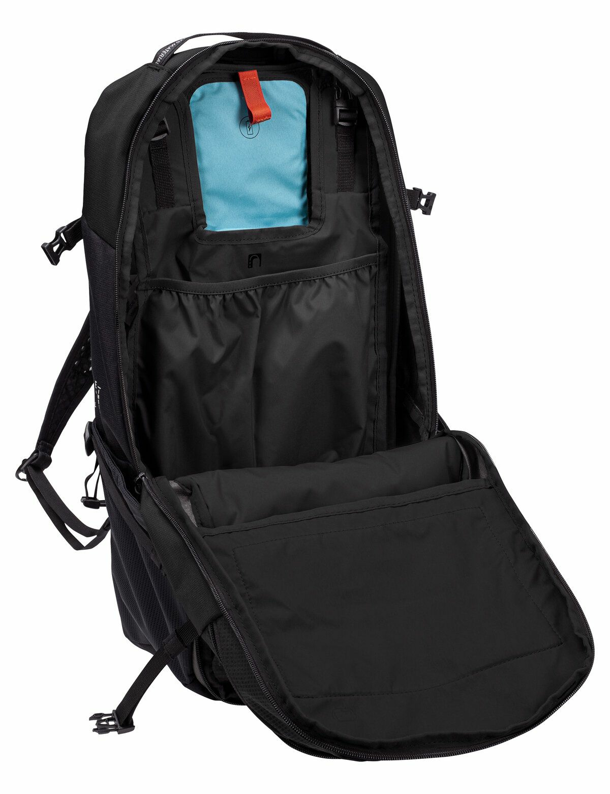 Schwarzer Rucksack geöffnet, zeigt Innenfächer. Eine blaue Tasche ist sichtbar.