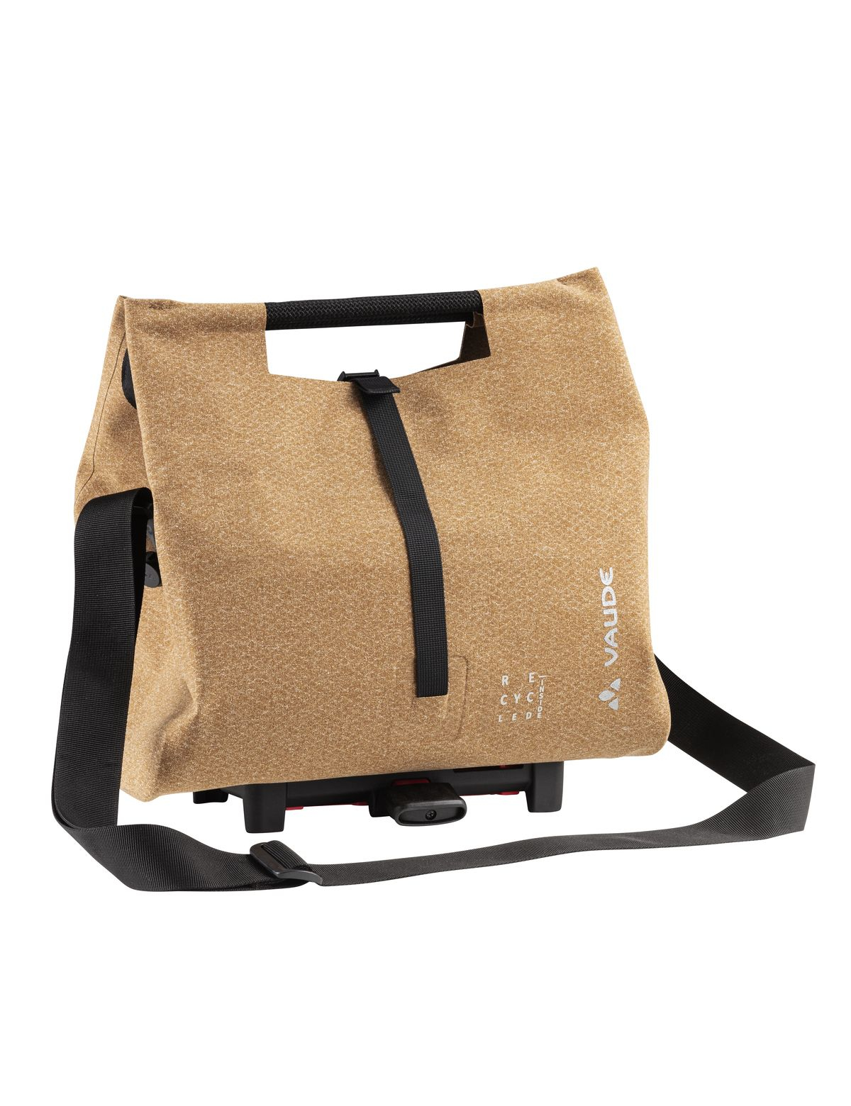 Beżowa torba rowerowa Vaude z czarnym paskiem i logo Vaude. Na białym tle.