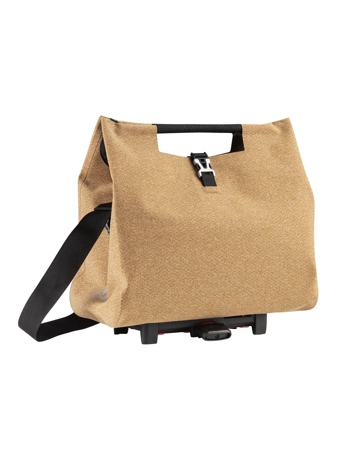 Jasnobrązowa torba rowerowa z czarnym paskiem i uchwytem. Posiada klamrę i czarny system mocowania.