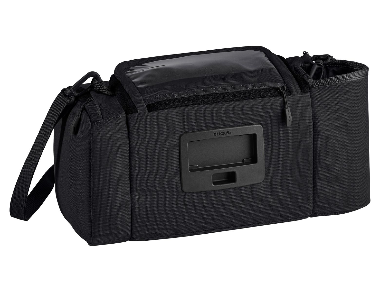 Schwarze Fahrradlenkertasche. Transparente Oberseite mit Reißverschluss und Klickfix-System.