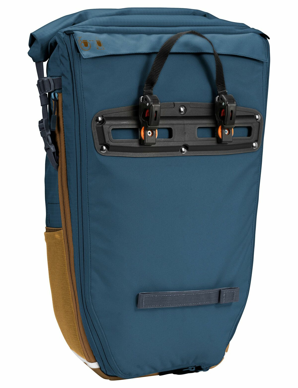 Niebieska torba rowerowa Ortlieb, z brązowym bokiem i czarnym systemem mocowania.