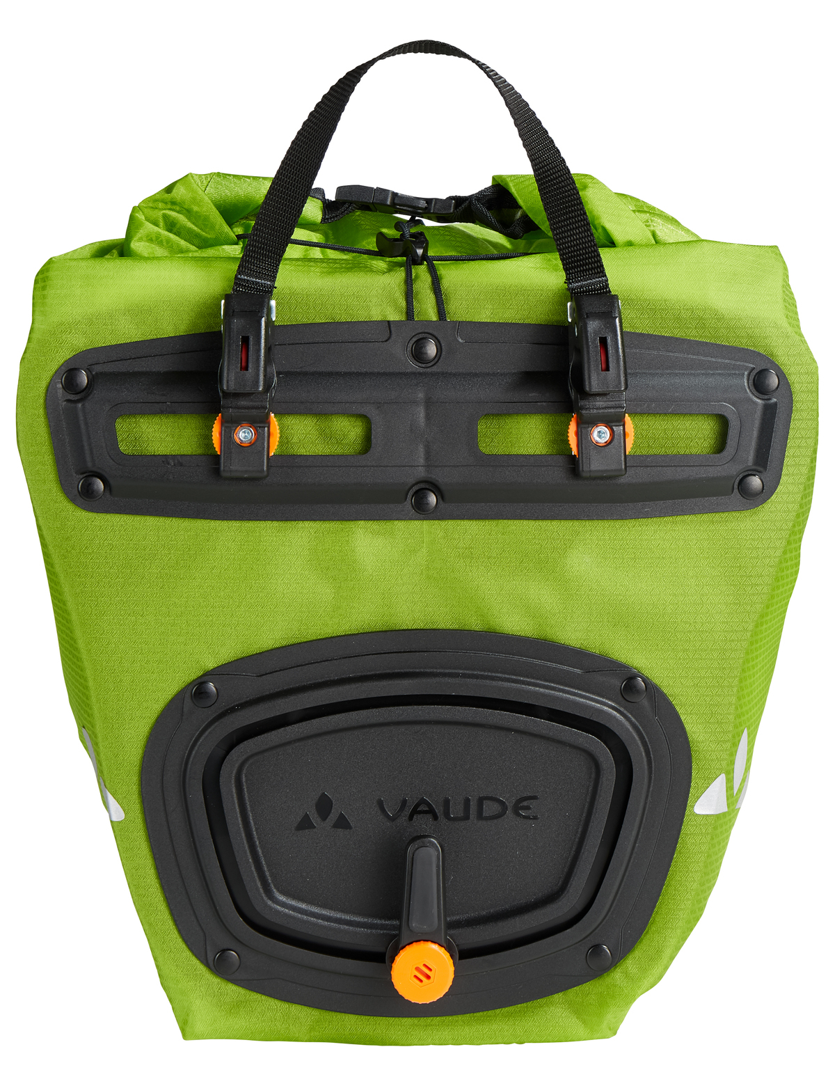 Grüne Fahrradtasche mit schwarzen Akzenten, Griff und Vaude-Logo, auf weißem Hintergrund.