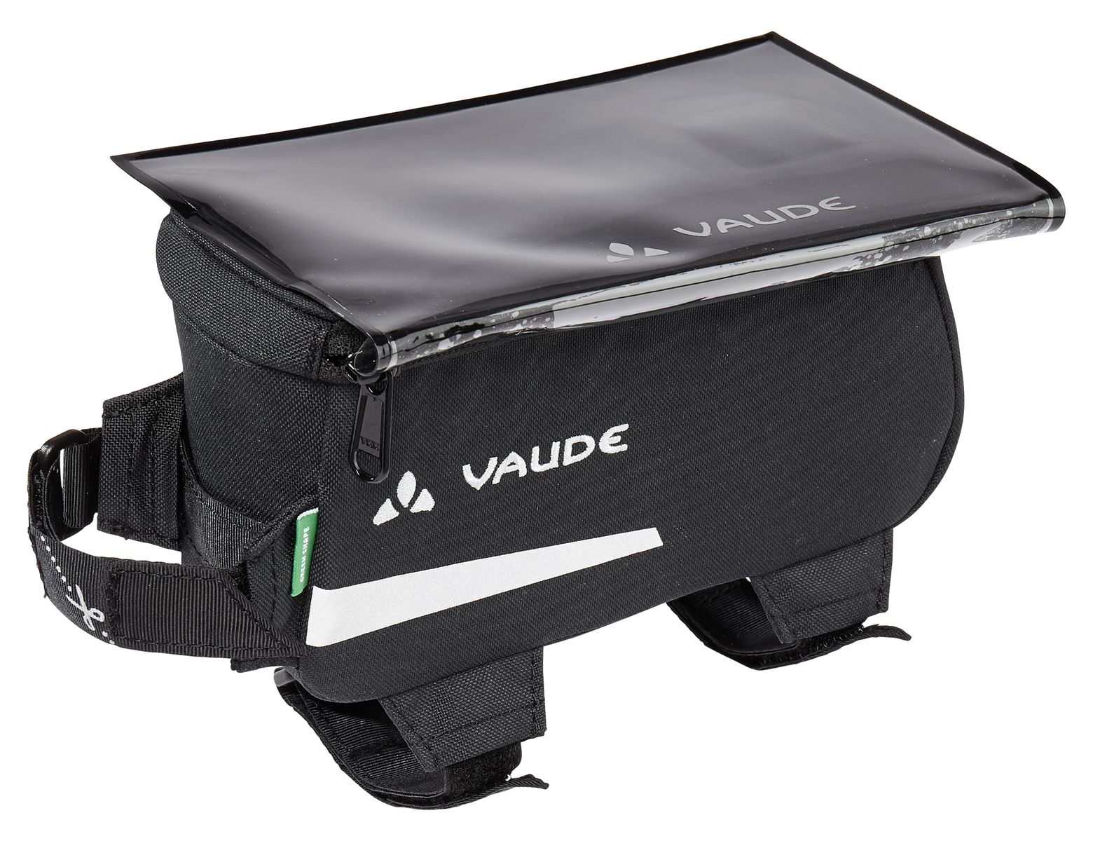 Schwarze Vaude-Fahrradtasche mit durchsichtigem Deckel, auf weißem Hintergrund.