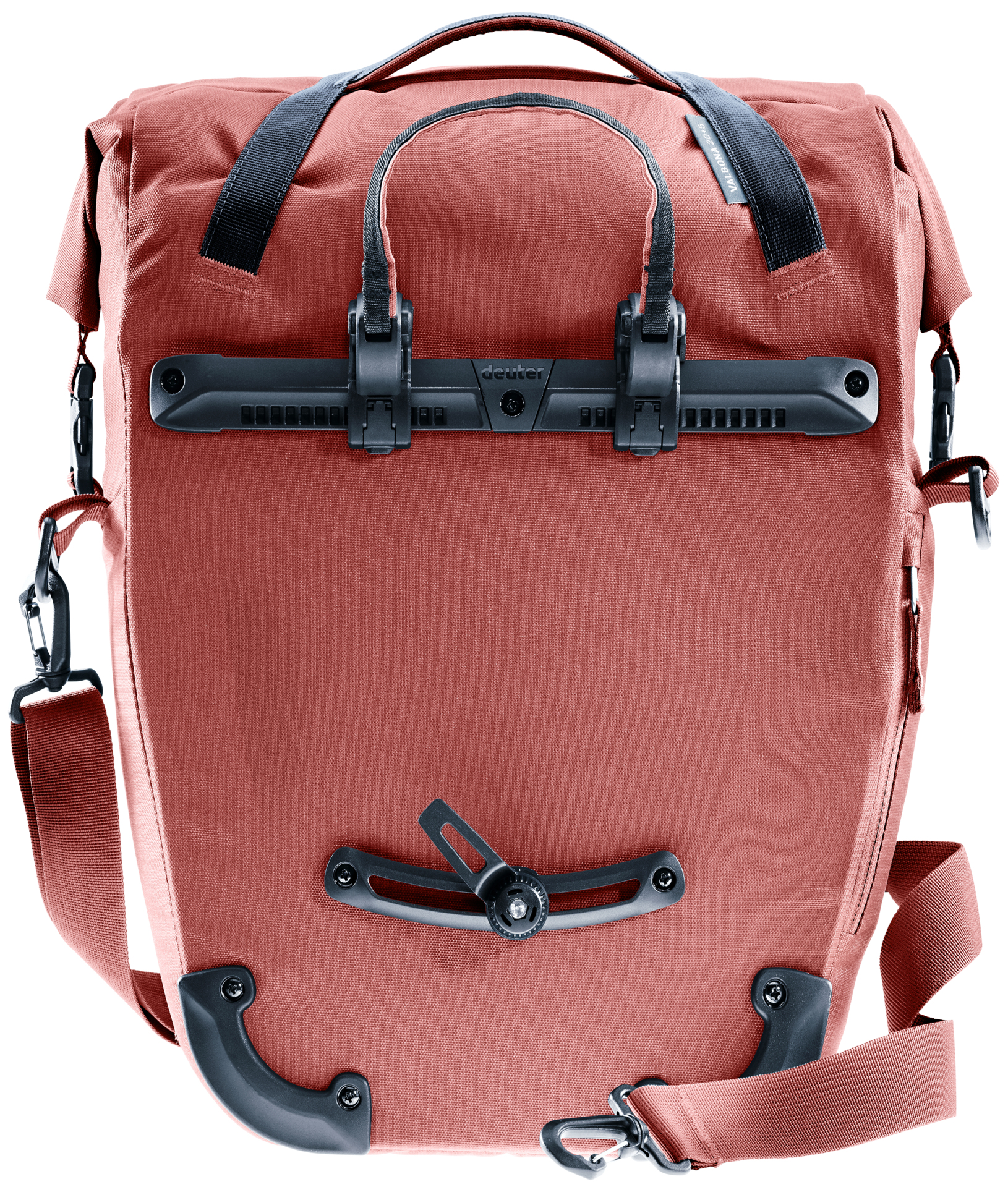 Rotbraune Fahrradtasche mit schwarzen Komponenten und Schultergurt.