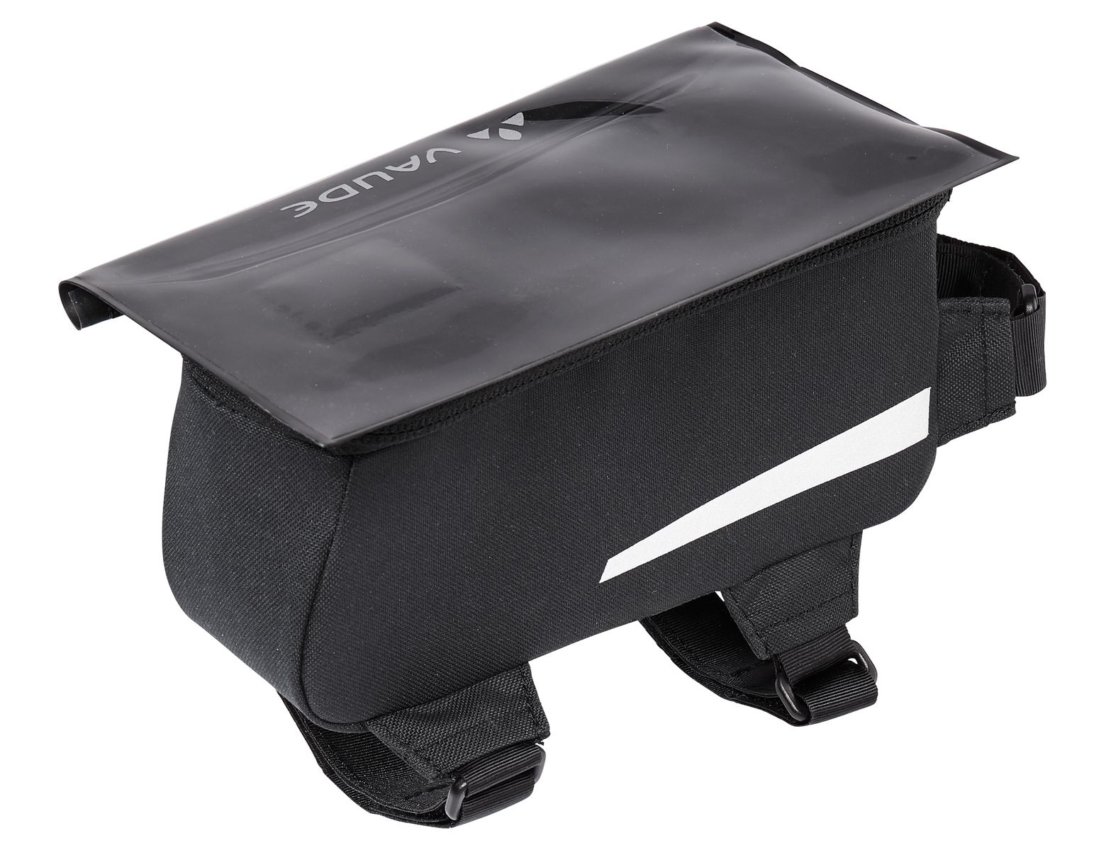 Eine schwarze Tasche mit klarer oberer Abdeckung, Vaude-Logo. Riemen und weißer Streifen.