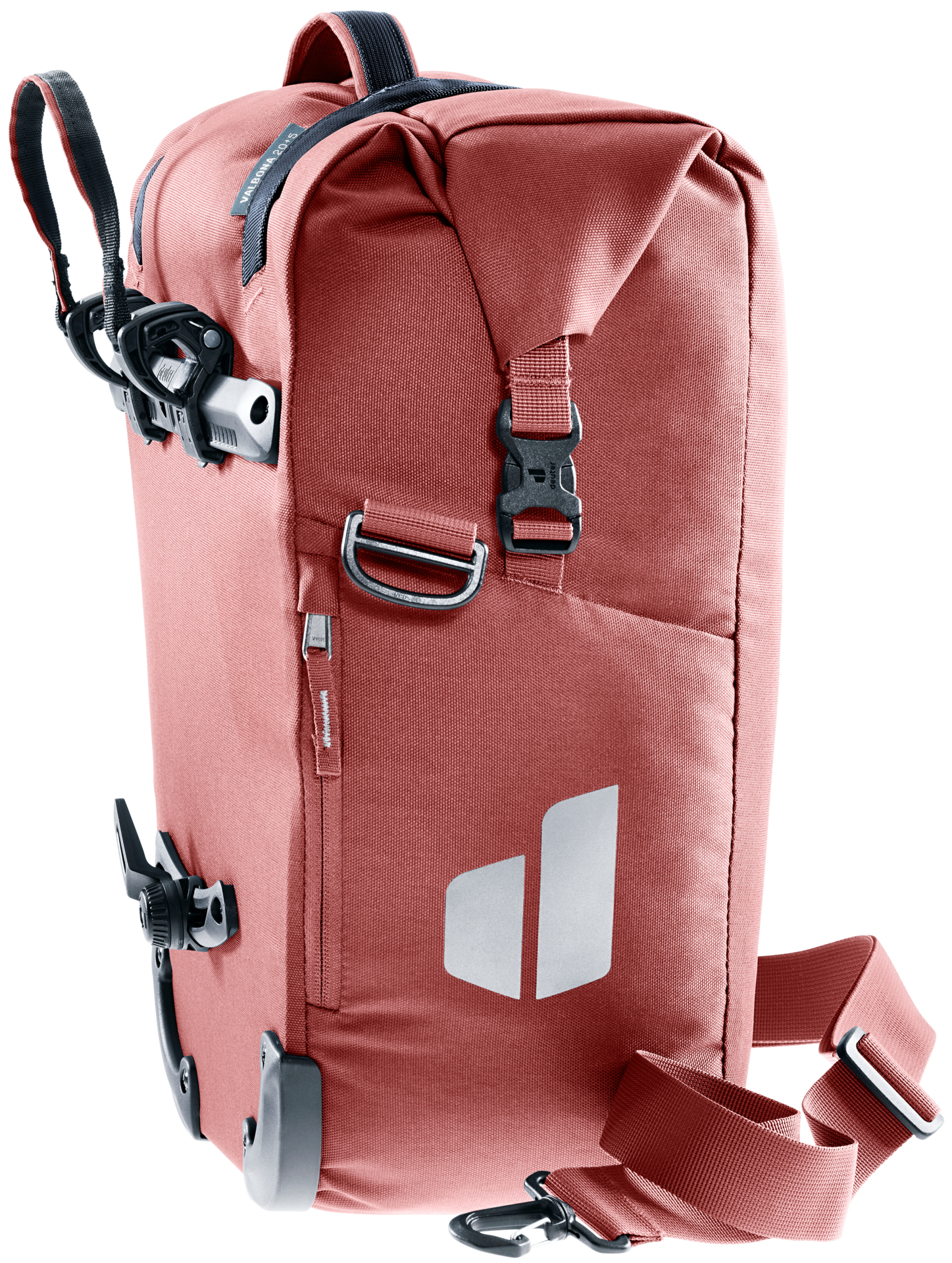 Rot-orange Fahrradtasche mit mehreren Riemen, Seitenansicht, weißer Hintergrund.