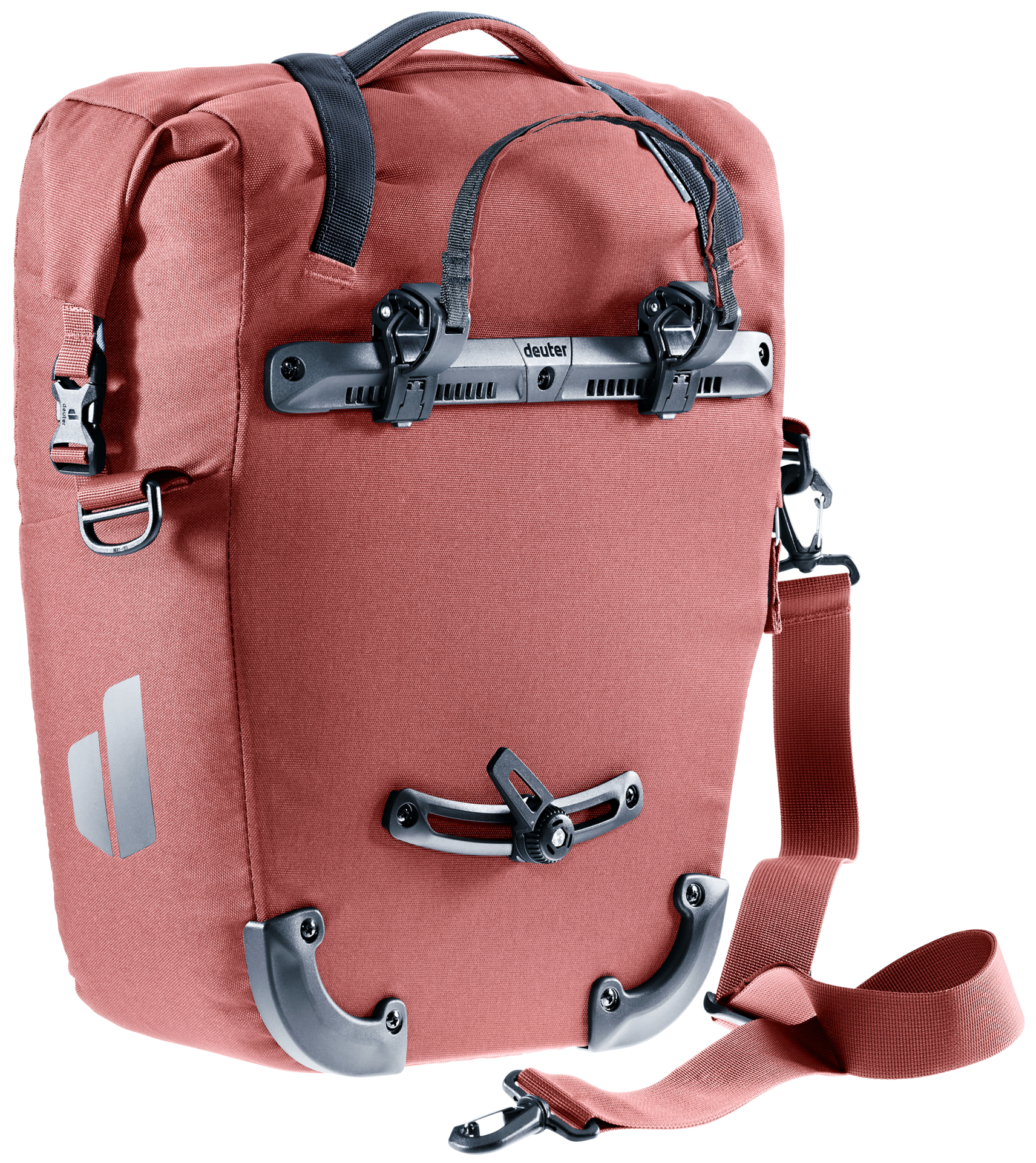 Rote Deuter-Gepäckträgertasche mit Befestigungsmaterial, Riemen und Deuter-Logo.