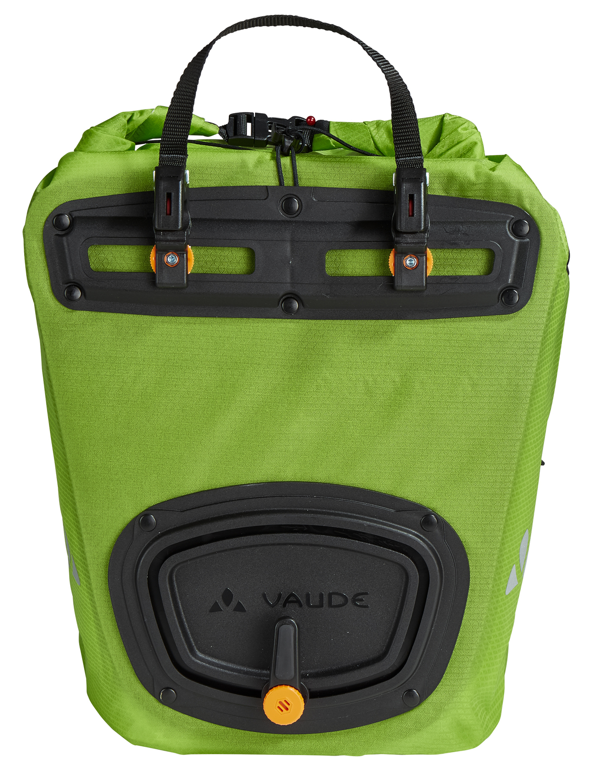 Grüne Fahrradtasche, mit schwarzer Befestigungshardware und Vaude-Logo unten.