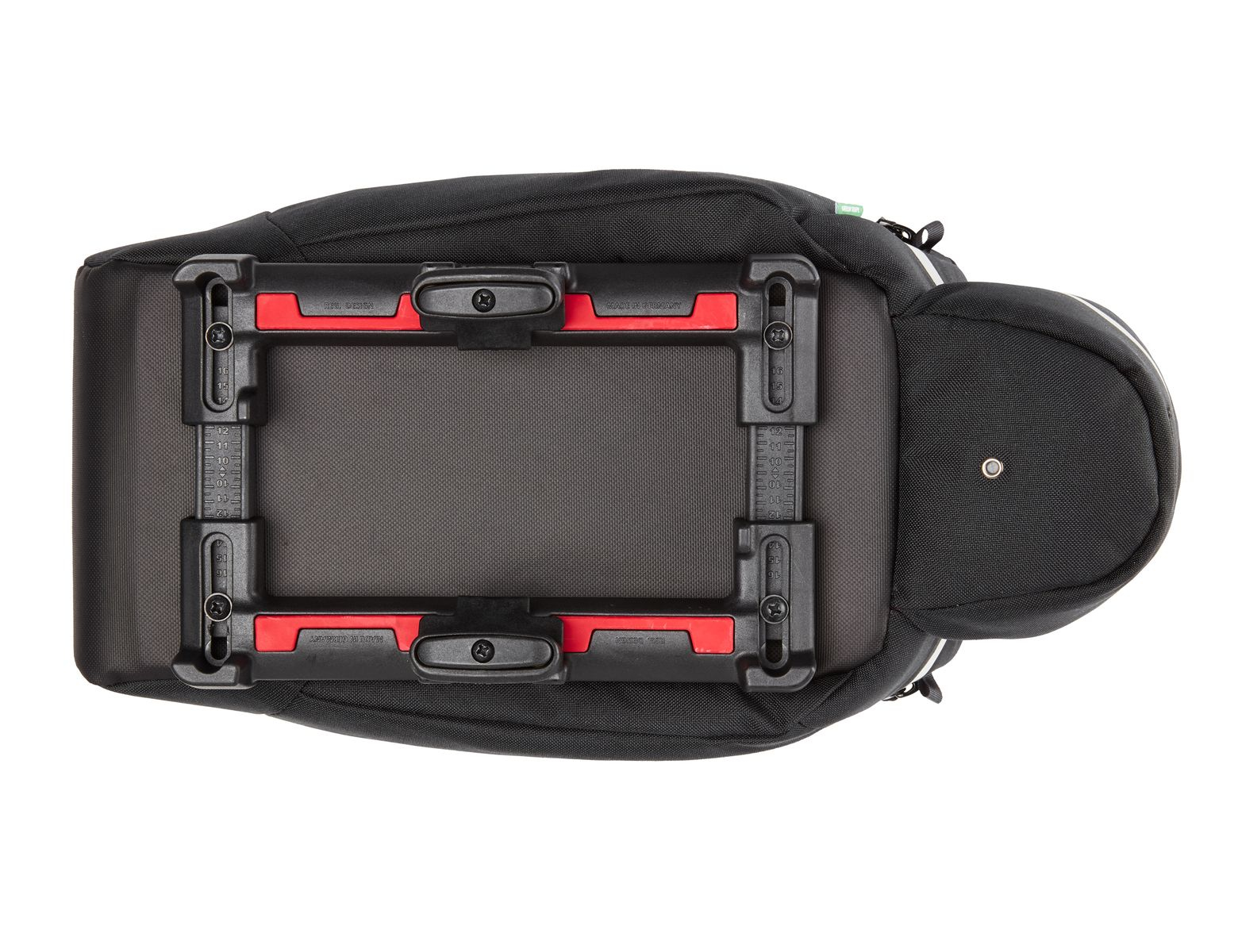 Draufsicht auf eine schwarze Fahrradtasche mit Befestigungssystem.