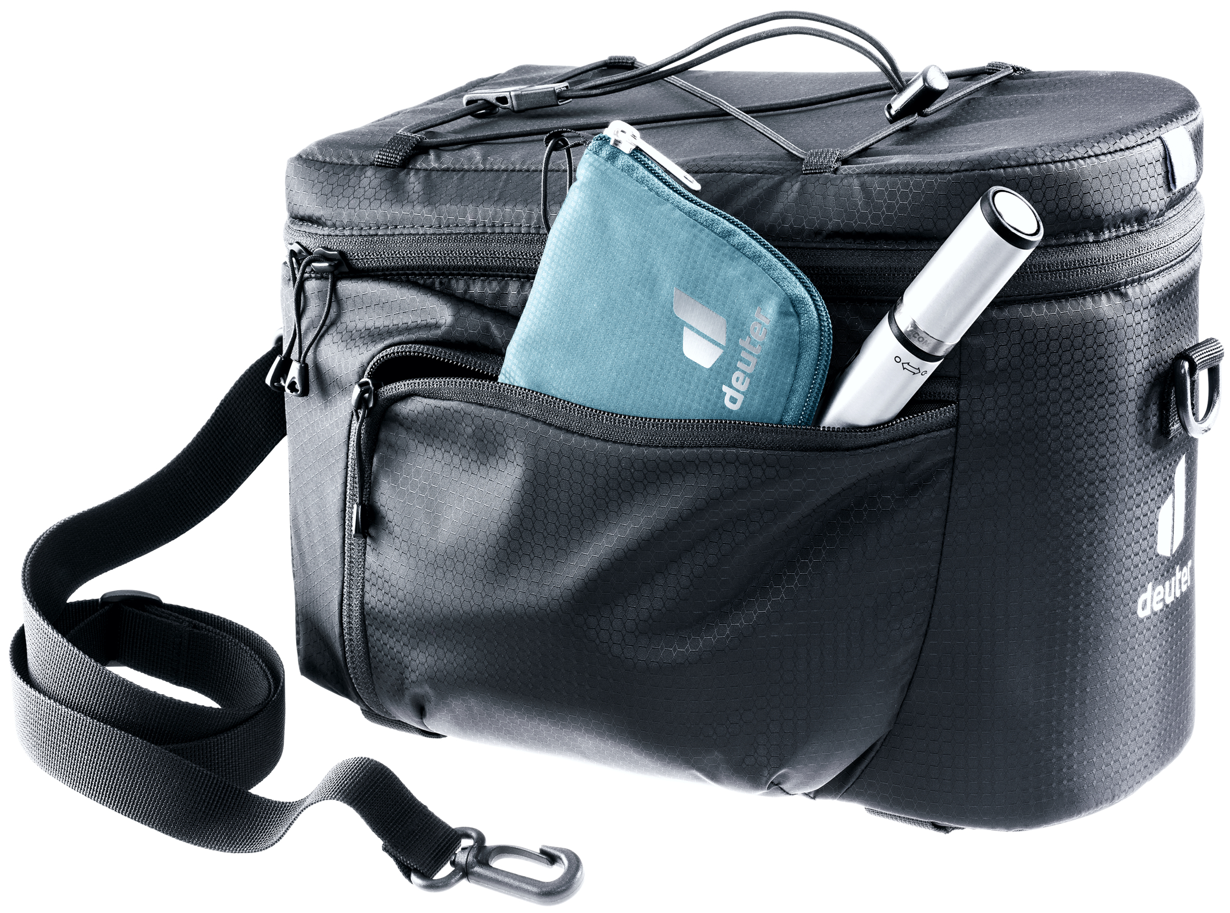 Schwarze Tasche mit einer Tasche, die ein blaues Portemonnaie und einen silbernen Stift enthält, mit einem Riemen.