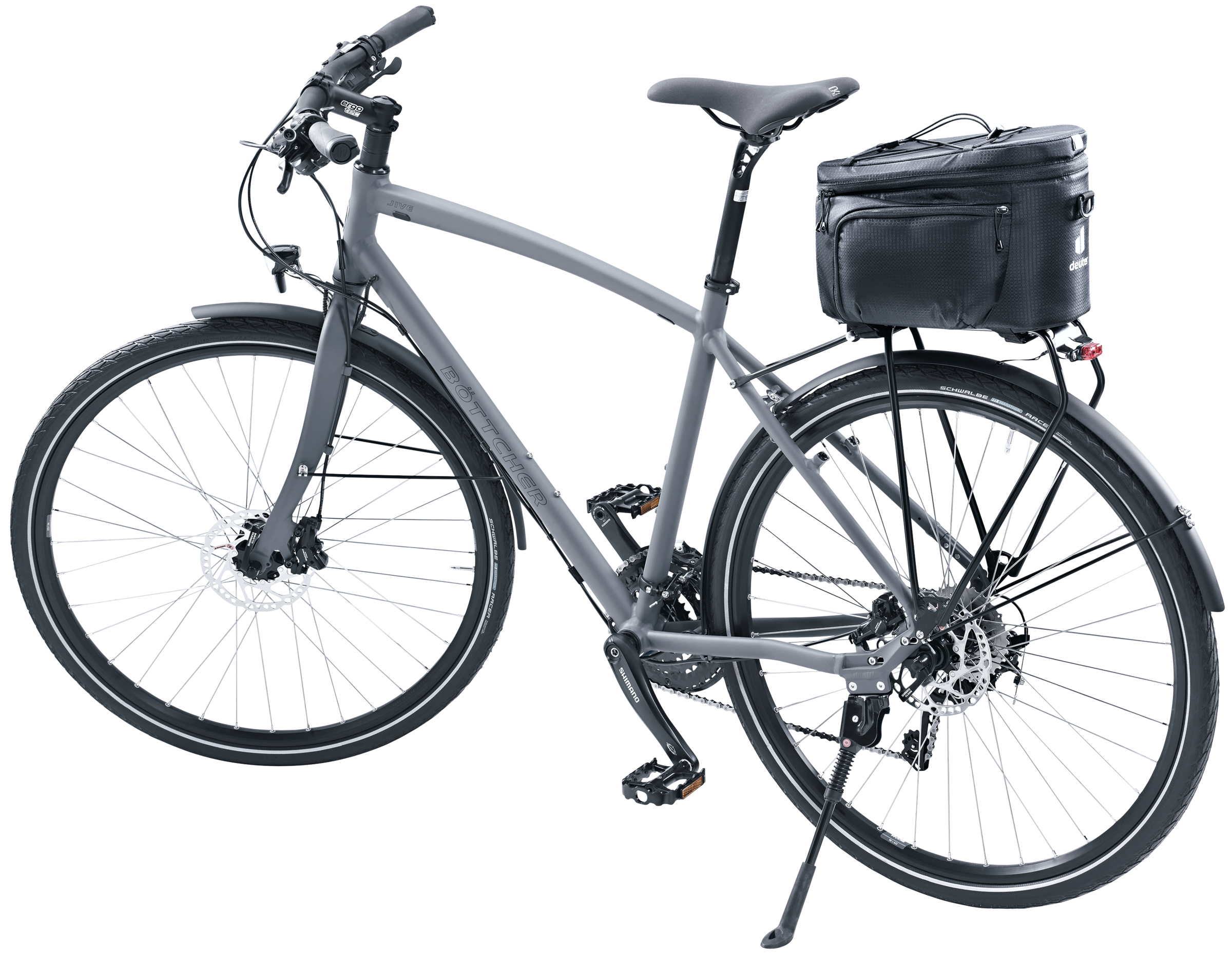 Graues Fahrrad mit schwarzer Tasche hinten. Fahrrad hat schwarze Schutzbleche und einen Ständer. Weißer Hintergrund.