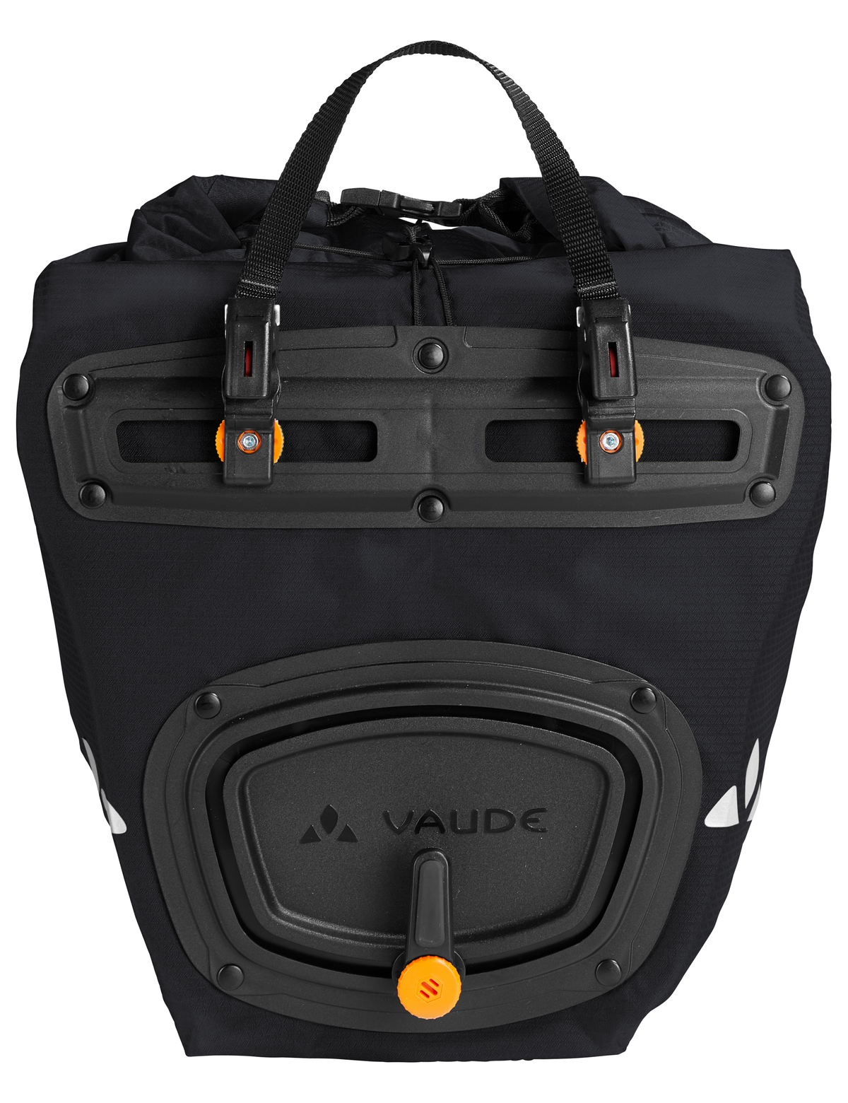 Schwarze Vaude Fahrradtasche mit Klappe und orangefarbenen Akzenten. Hat Riemen und eine Schnalle.