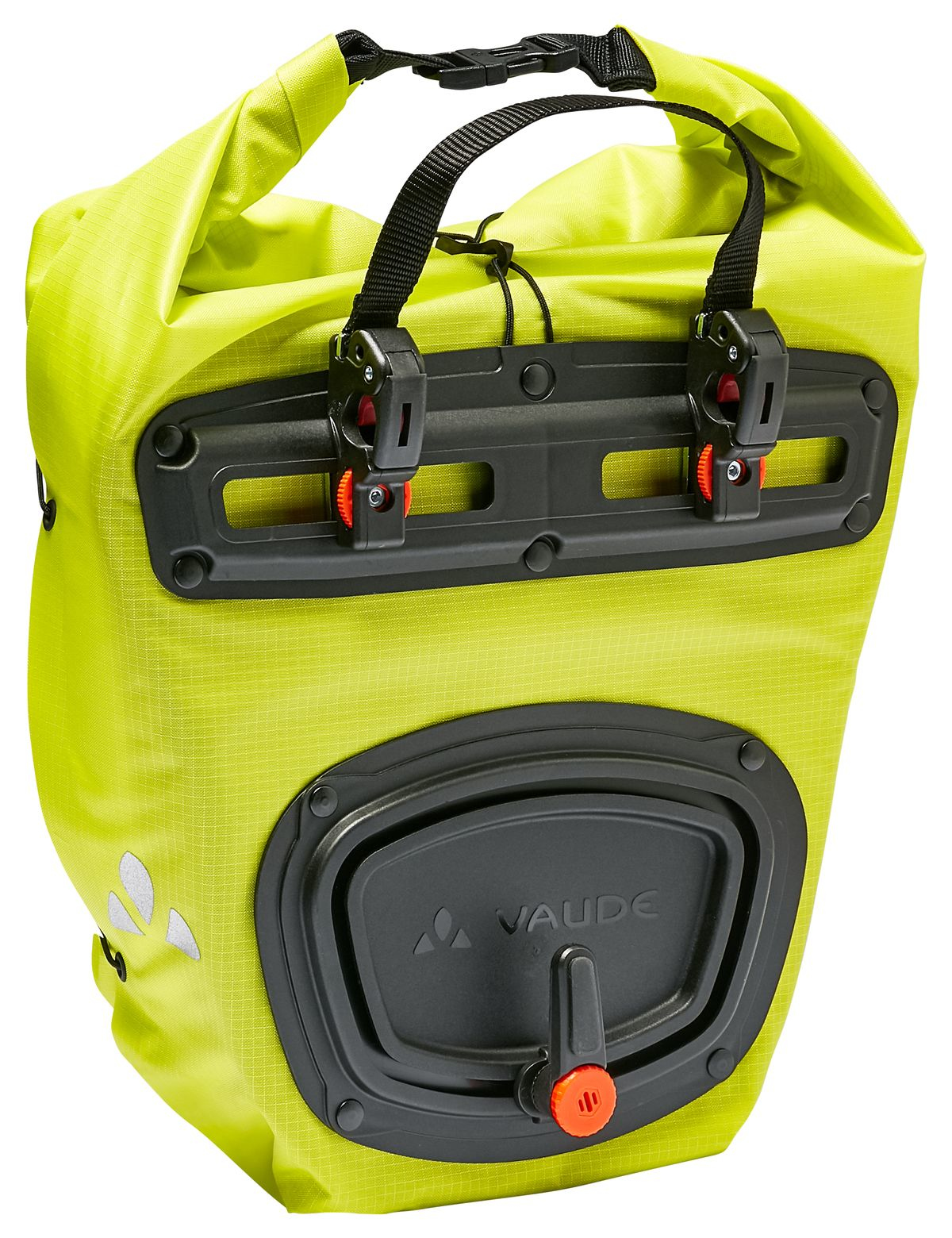 Eine neongelbe Fahrradtasche mit schwarzen Akzenten und Befestigungssystem.