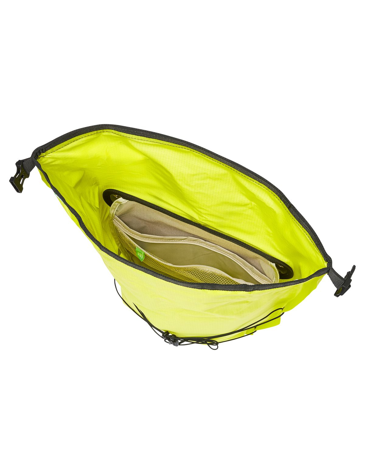 Hellgelbes Innere einer Tasche, mit Netztasche und anderen Fächern sichtbar.