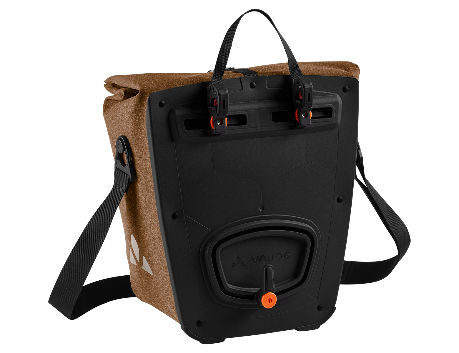 Braune Fahrradtasche. Rückseite mit Befestigungsmaterial. Hat eine Klappe. Schwarze Basis und orange Details.