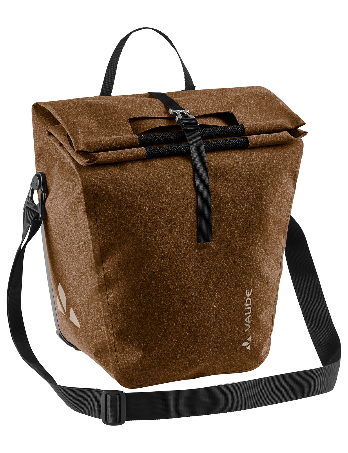 Braune Vaude-Fahrradtasche mit Riemen und Griff. Mit Schnalle und Vaude-Logo.