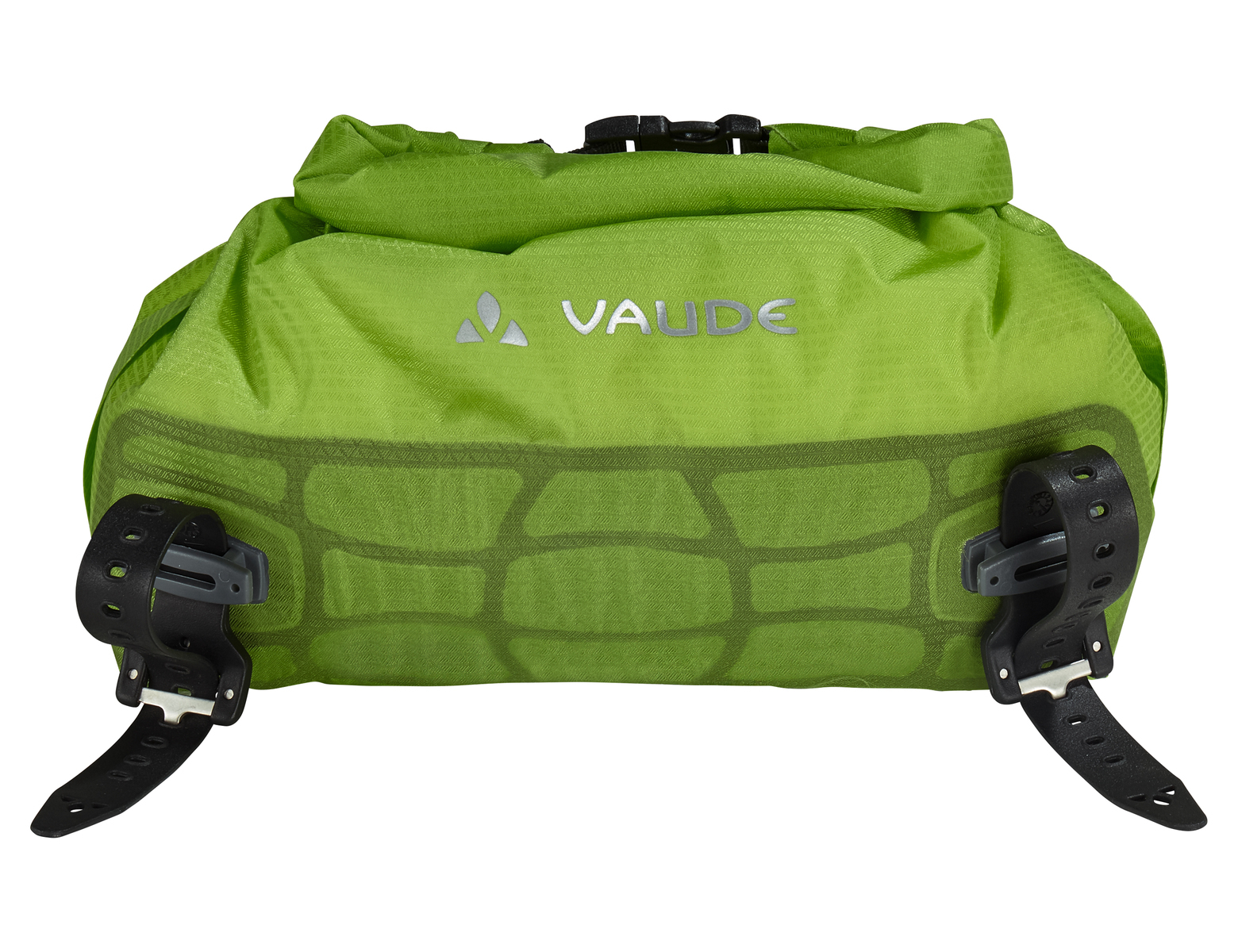 Grüne Fahrradtasche mit Vaude-Logo, schwarzen Riemen und Schnallen.
