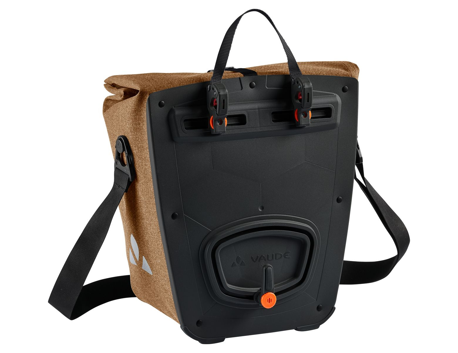 Brązowa i czarna torba rowerowa z uchwytem i systemem mocowania, zbliżenie.