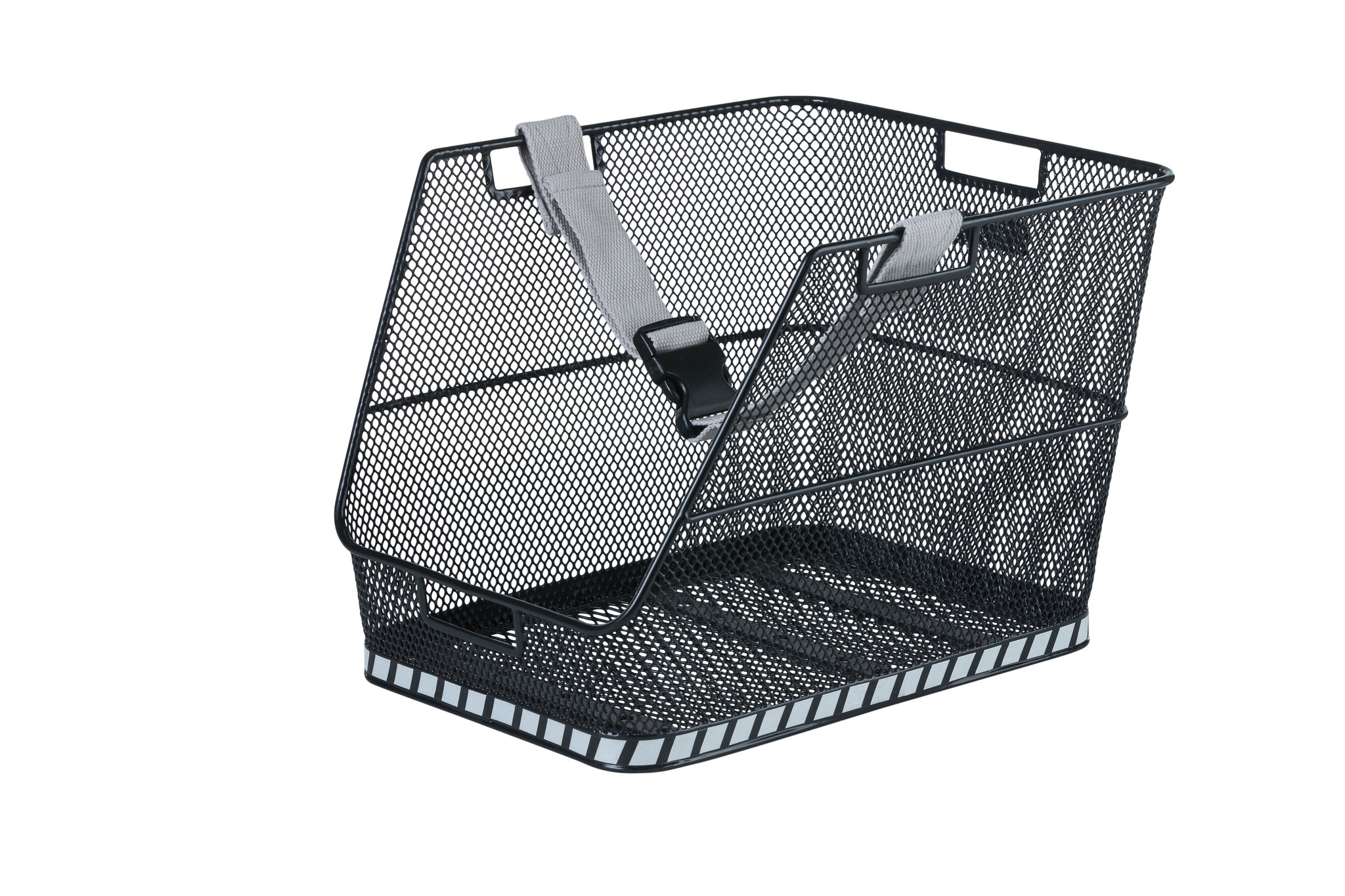 Czarny metalowy kosz druciany z siatkowym wzorem, do roweru. Ma szary pasek.