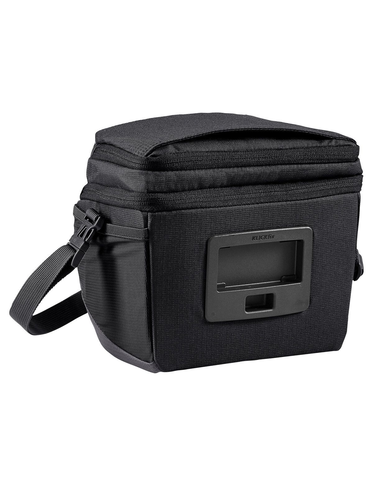 Schwarze Fahrradtasche mit Klickfix-System, Nahaufnahme, Seitenansicht.
