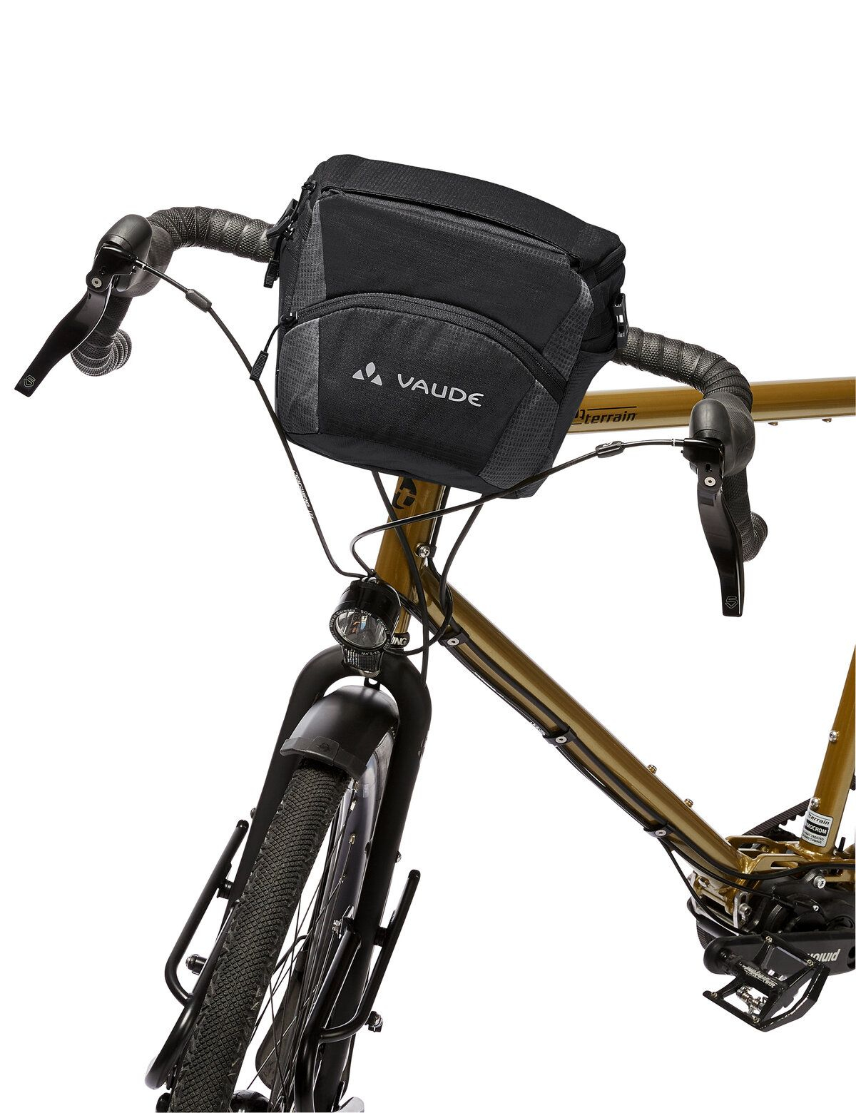 Schwarze Vaude-Fahrradtasche an einem goldenen Fahrrad. Schwarzer Lenker, Frontlicht und ein schwarzes Schutzblech.
