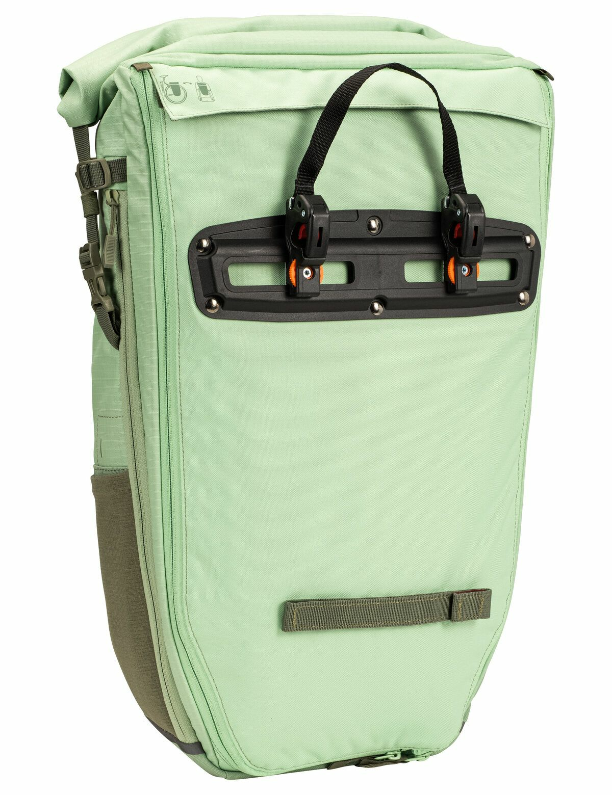 Miętowa torba rowerowa z czarnym systemem mocowania. Posiada paski.