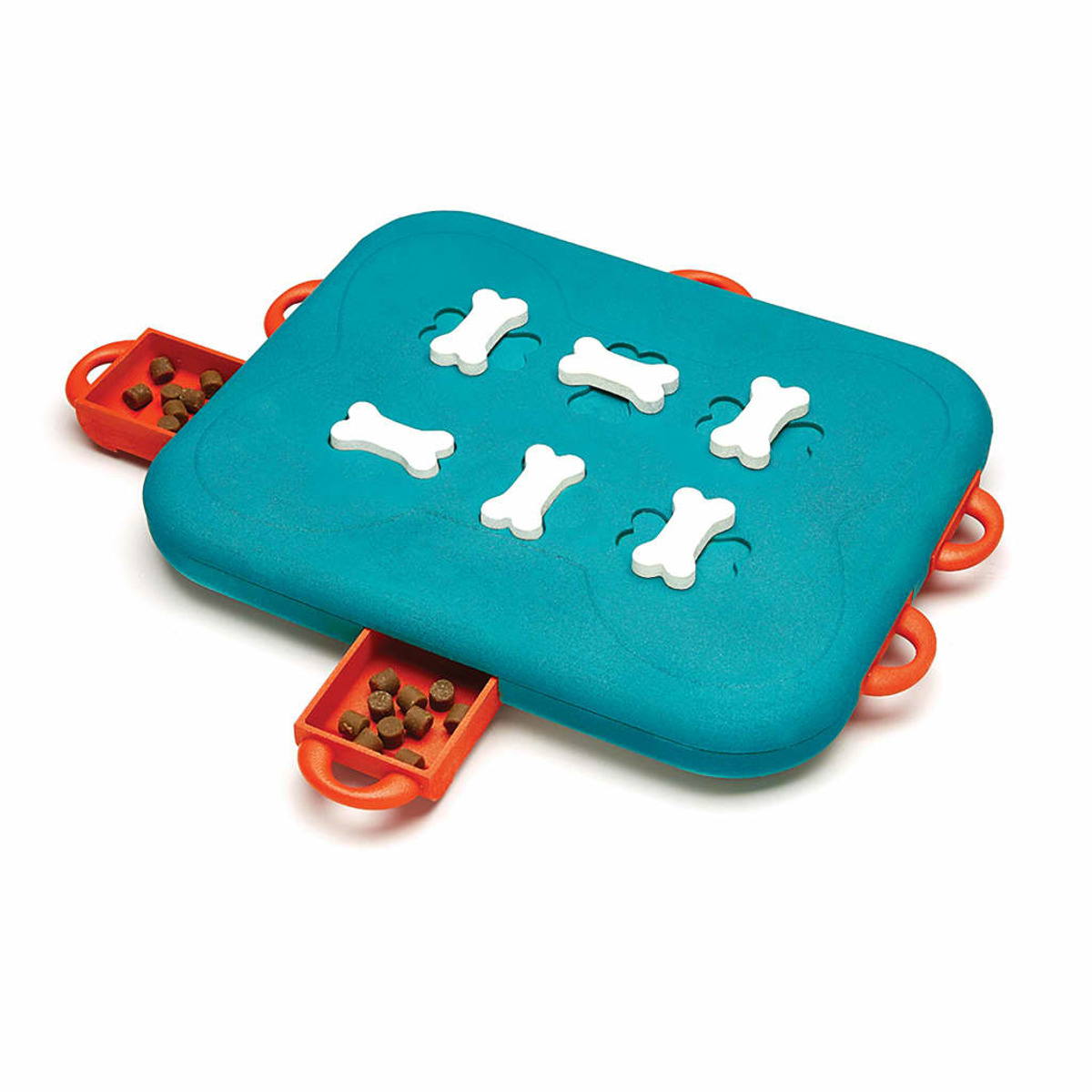 Hunde-Puzzlespiel mit tealfarbener Basis. Enthält knochenförmige Abdeckungen und Futterfächer.
