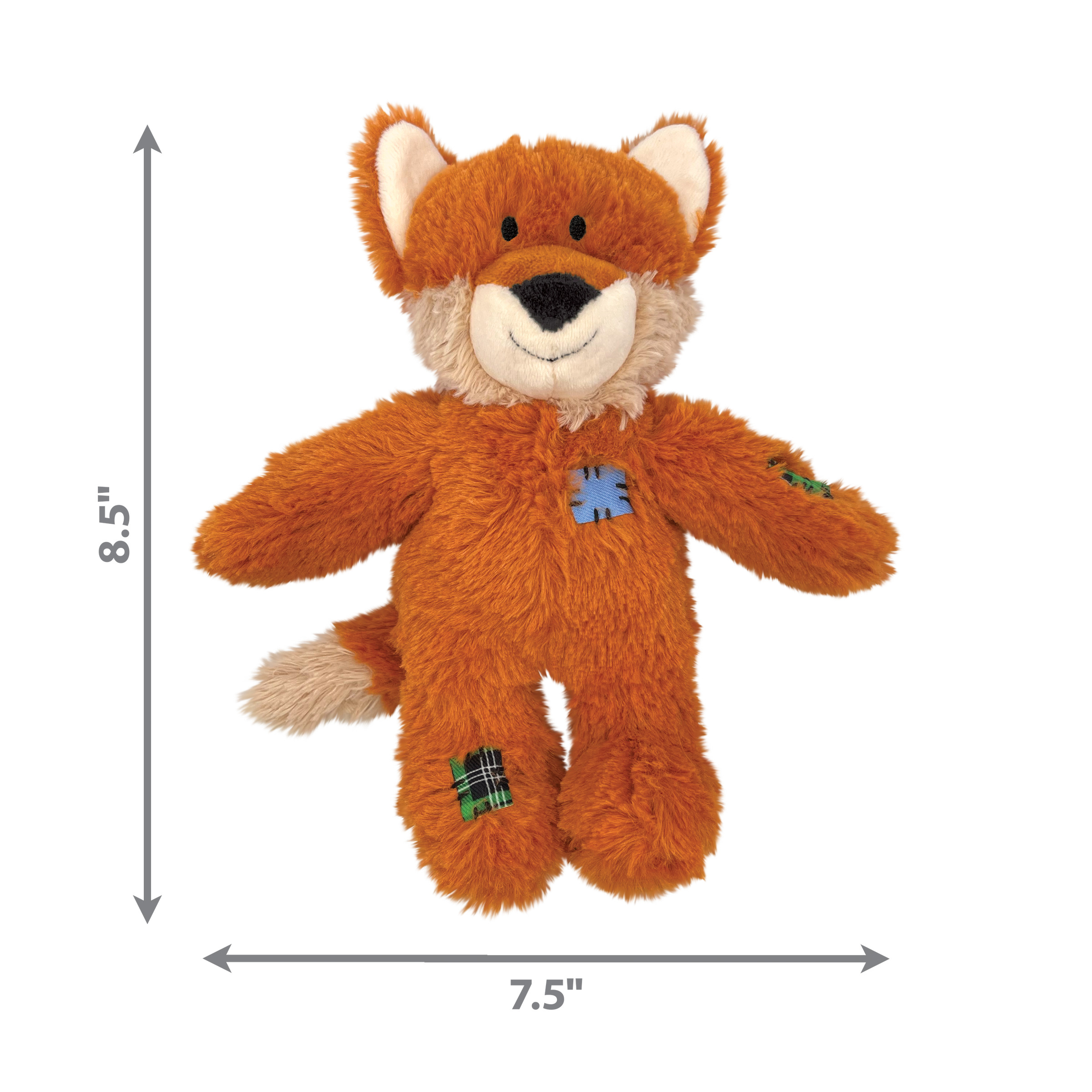 Un peluche a forma di volpe arancione con una toppa blu e dimensioni etichettate su uno sfondo bianco.