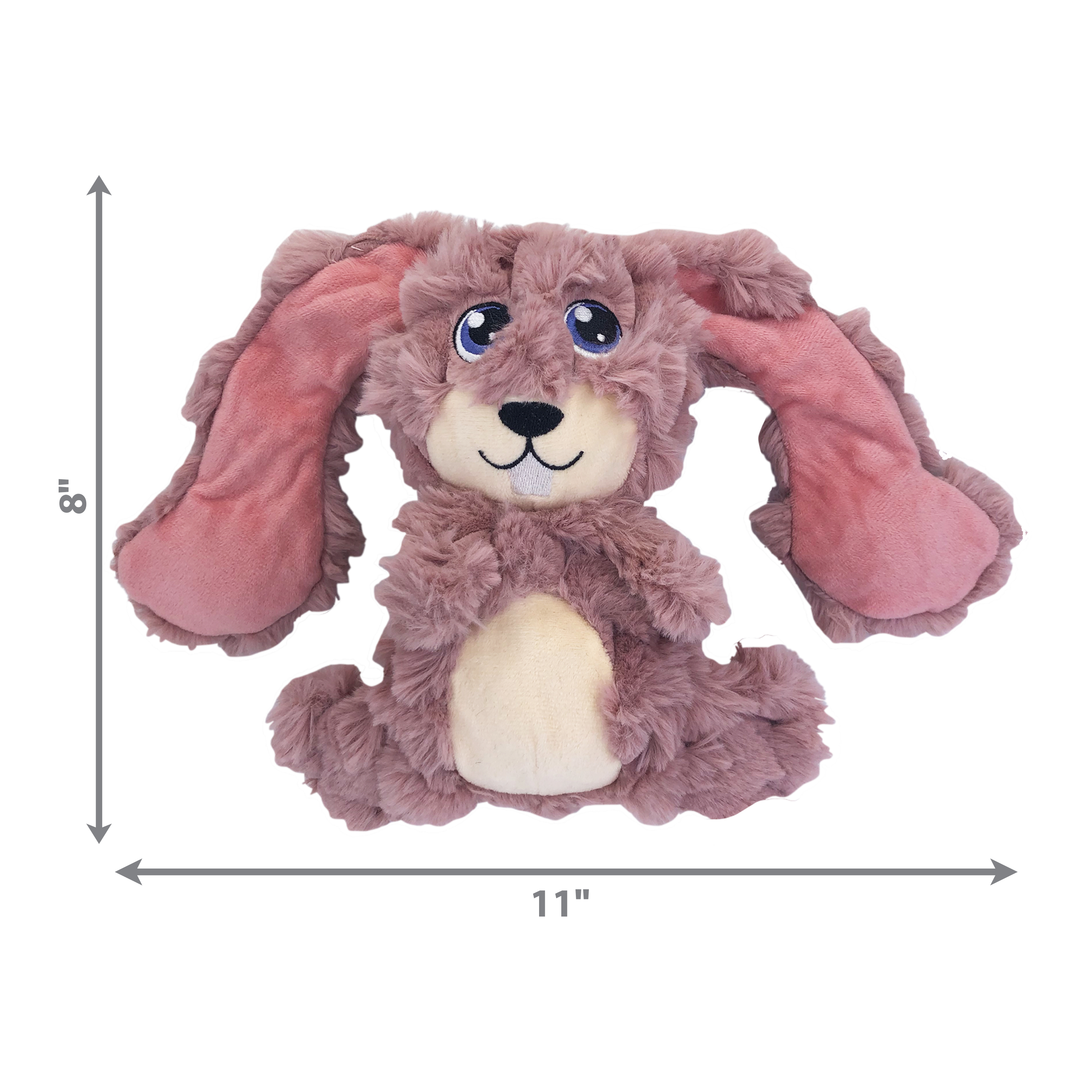 Ein Plüschhase mit rosa Ohren und Pfoten, cremefarbenem Bauch und blauen Augen, mit Größenangaben.