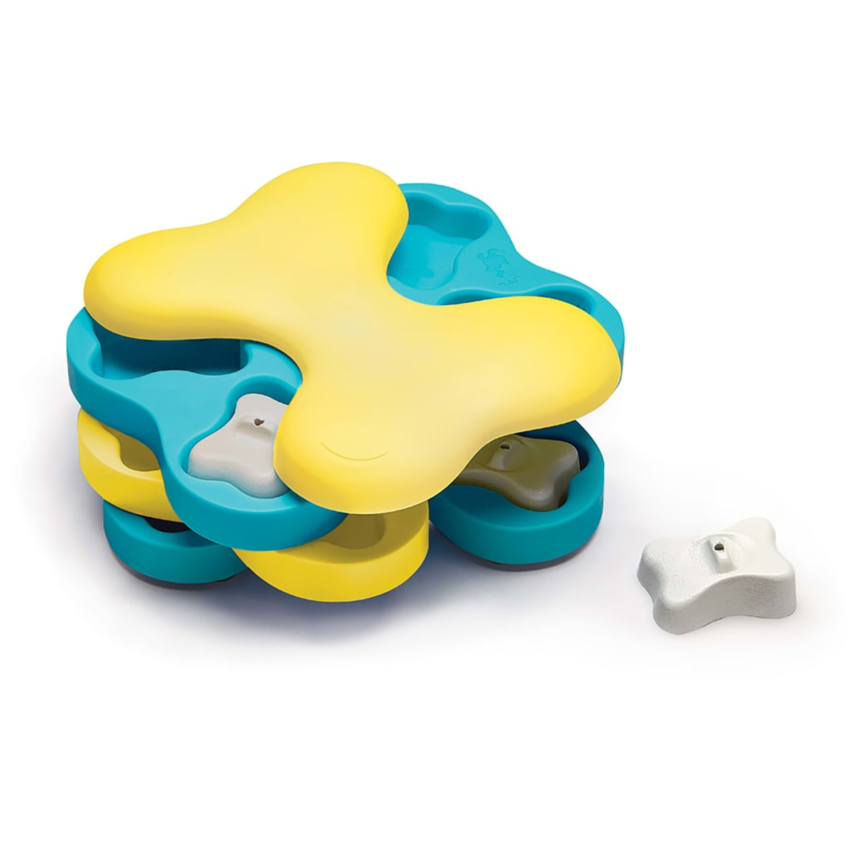 Giocattolo puzzle per cani con pezzi gialli e blu, e un pezzo a forma di osso grigio.