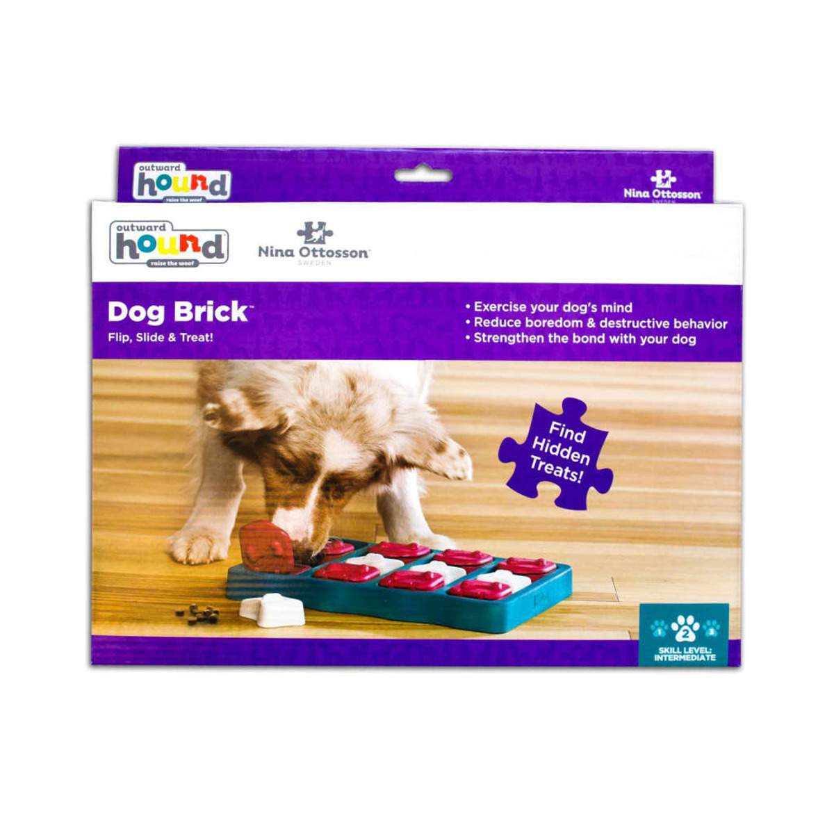 Un cane che gioca con un puzzle su sfondo bianco, con del testo.