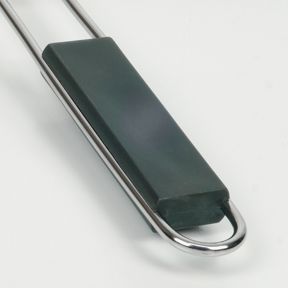 Close-up of a metal handle with a dark green rubber grip. The background is white.