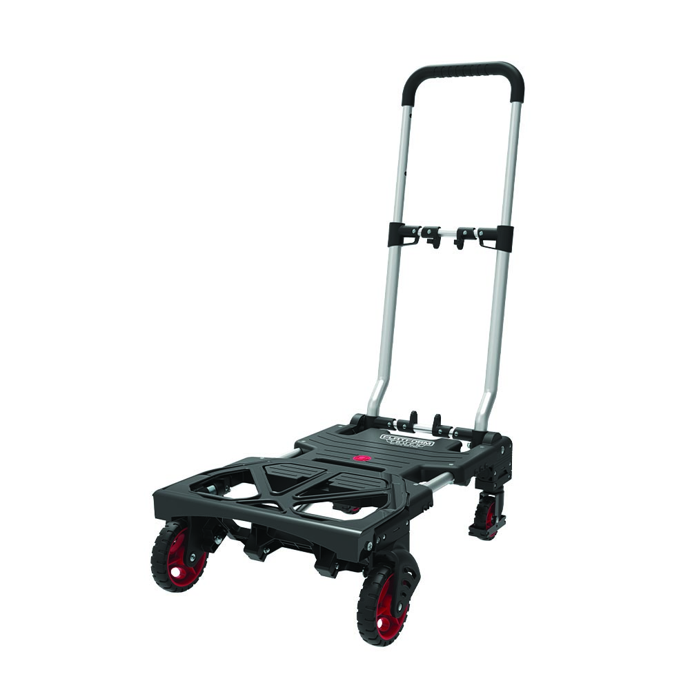 A black folding platform truck with a silver handle and red wheels on a white background.