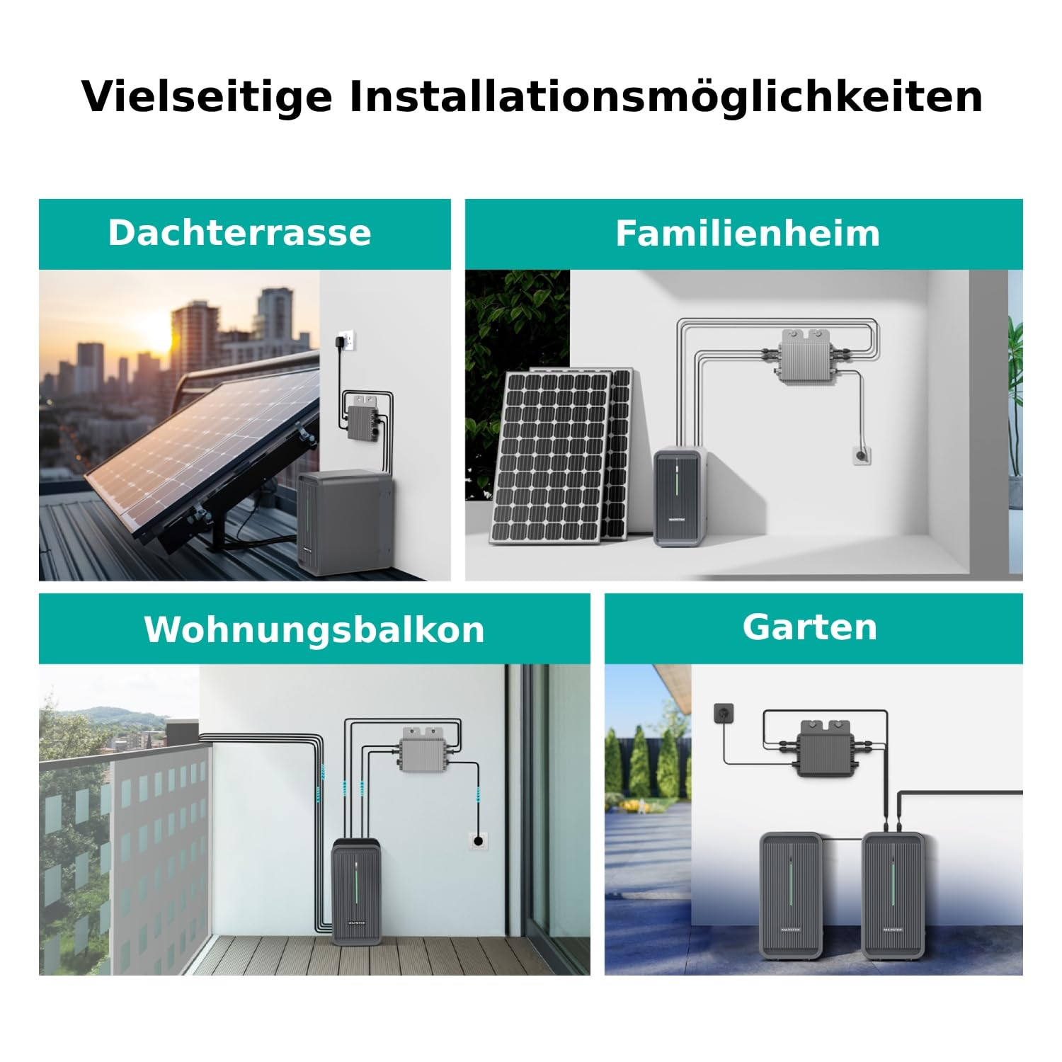 Vier Bilder zeigen Solaranlagen: Dachterrasse, Familienheim, Balkon und Garten mit Diagrammen.