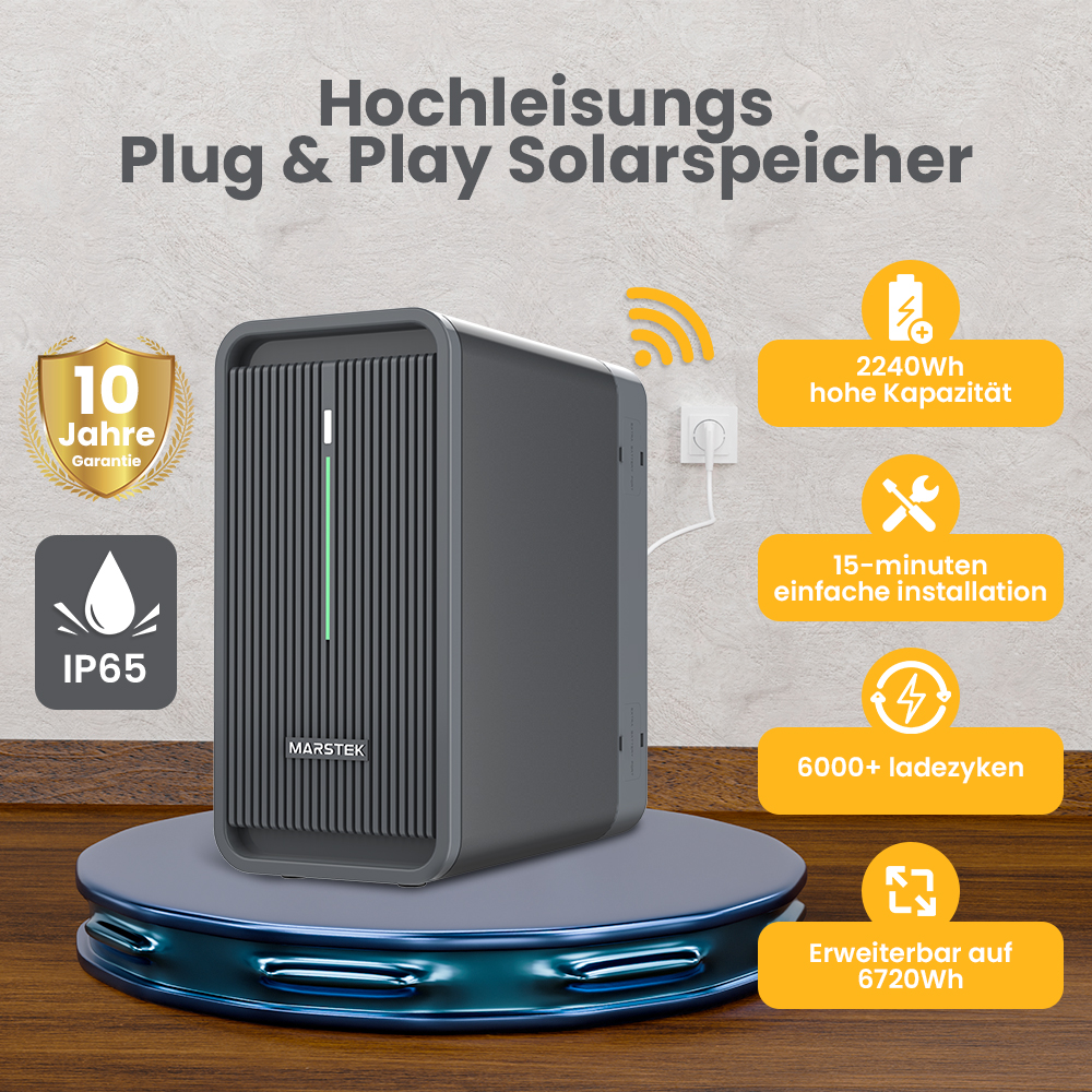 Schwarzes und graues Solarstromaggregat mit Textbeschriftungen und Symbolen auf blauem Ständer.