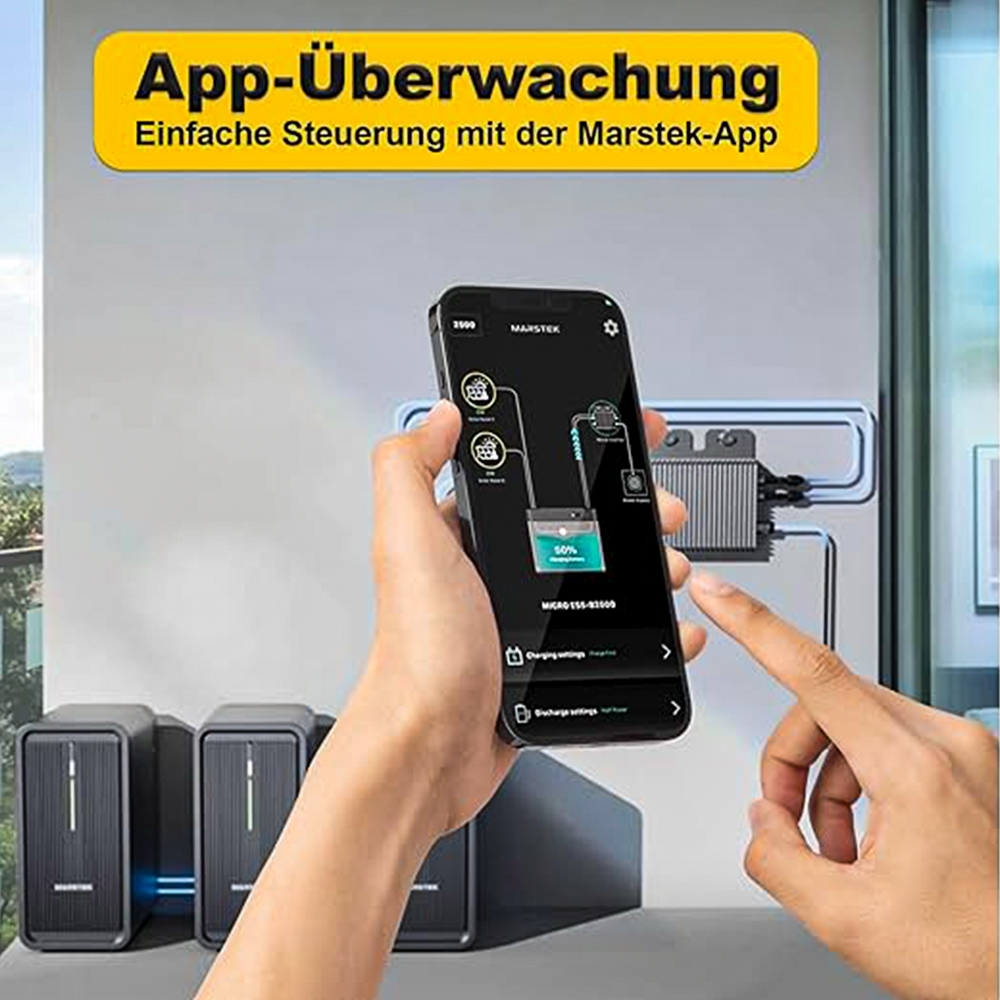 Eine Hand, die ein Telefon hält, das eine App-Oberfläche zur Steuerung von Geräten zeigt.