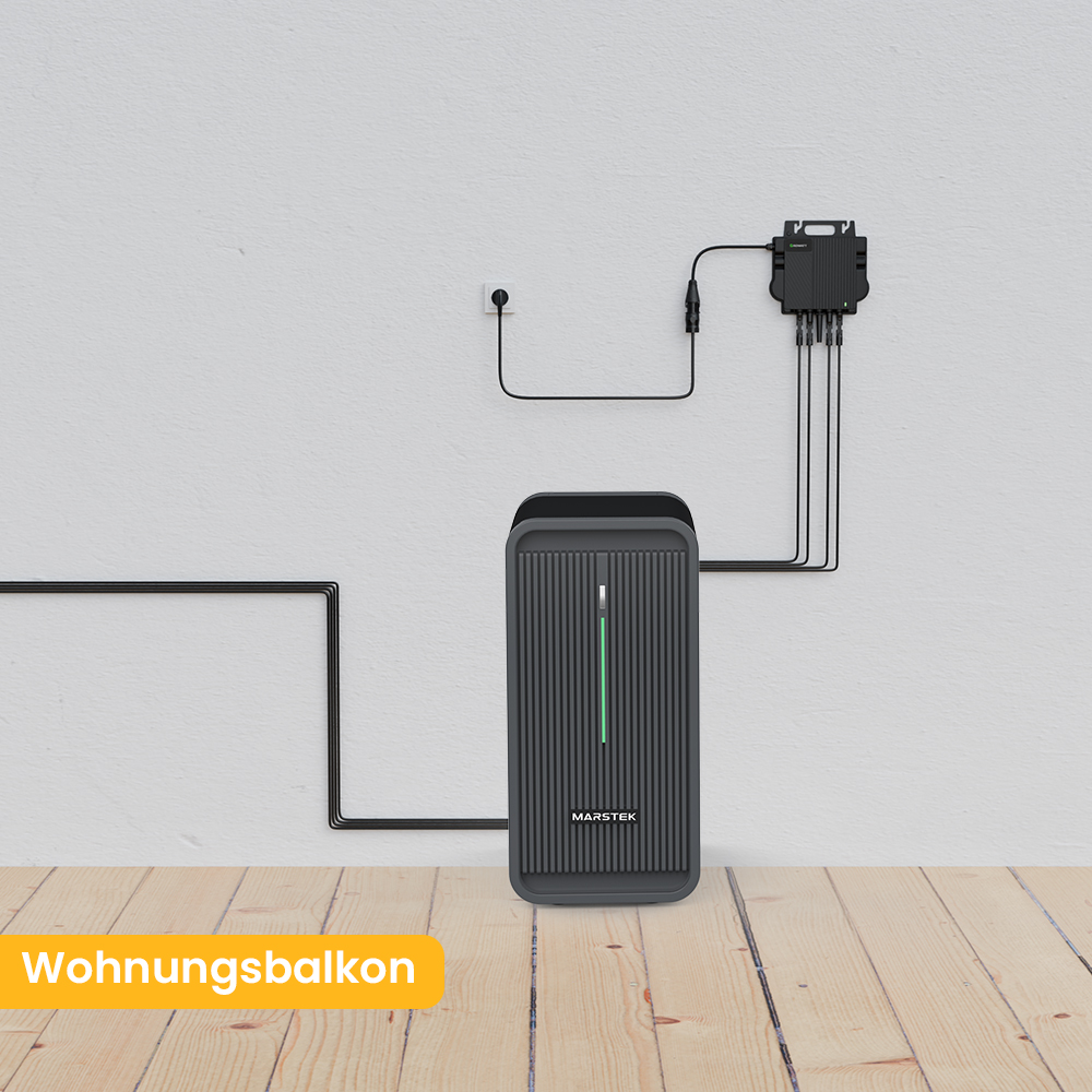 Schwarzes Solarpanel, verbunden mit weißer Wand. Holzfußboden davor. Text 'Wohnungsbalkon'.