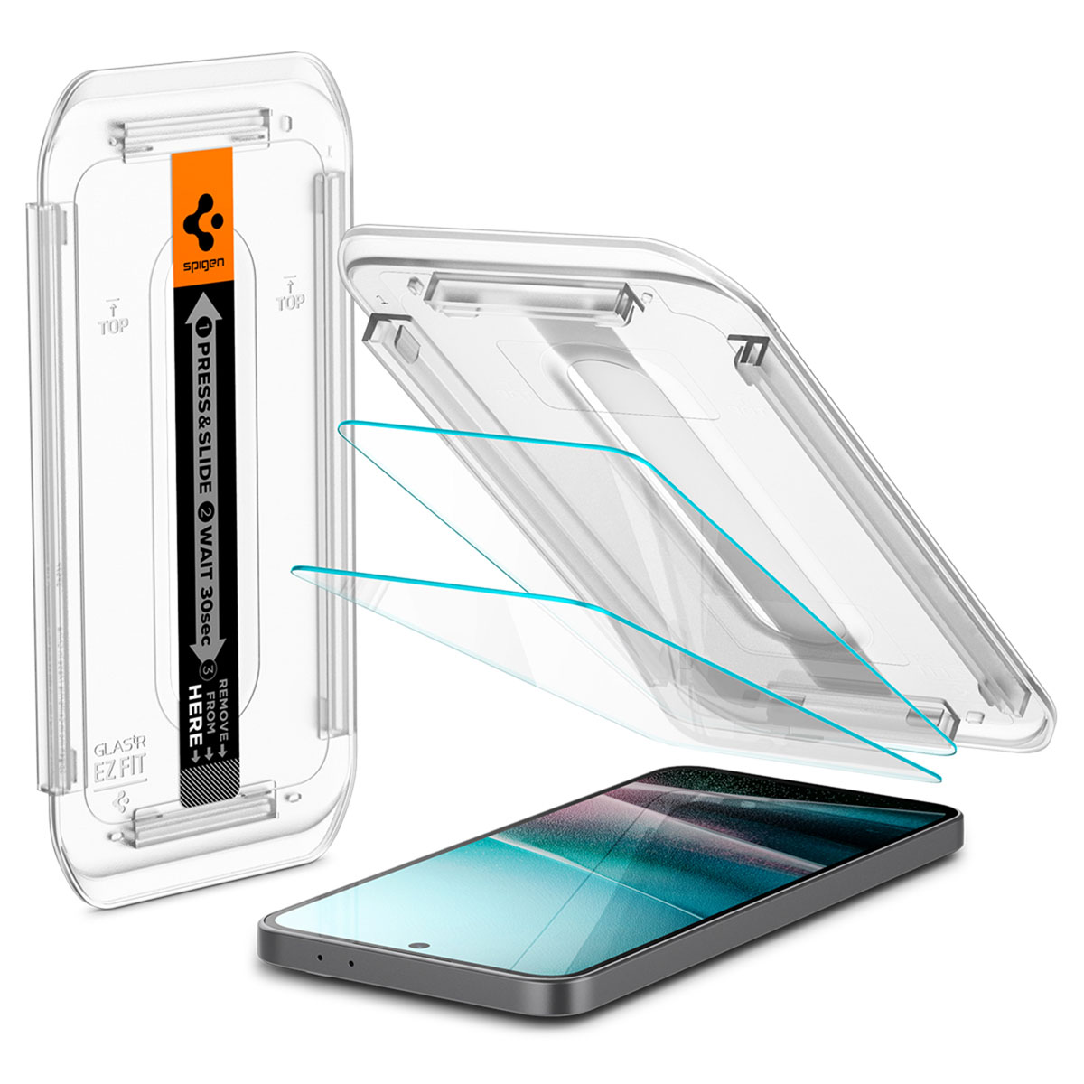 Telefoonschermbeschermerset die de beschermer en een telefoon laat zien.